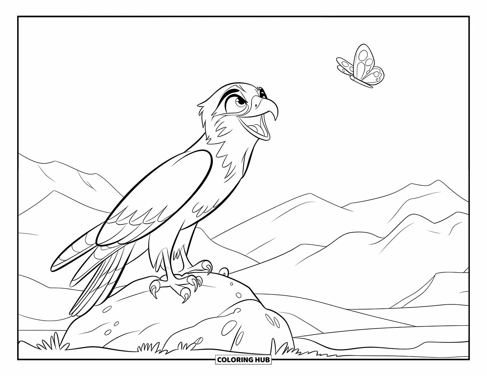 Hawk Coloring Page for Kids: Hawk on a rock looks at a butterfly with a mountain view behind