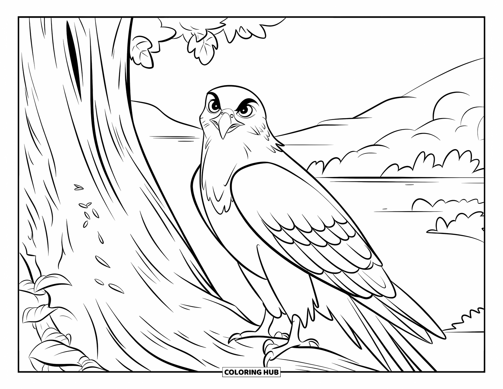 Hawk Coloring Page for Kids: Hawk perched on a big tree trunk with scattered leaves around