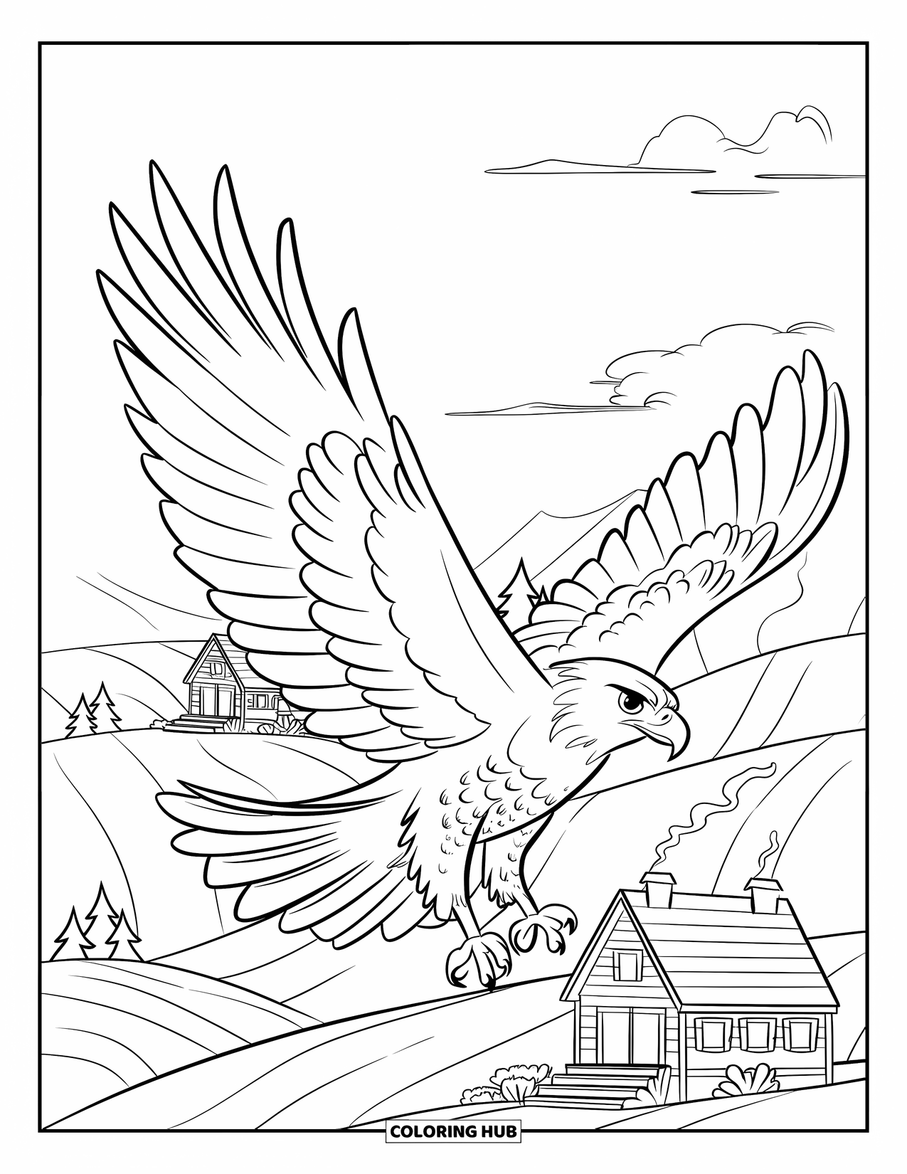 Hawk Coloring Page for Kids: Hawk soaring above green hills and cozy cabins below