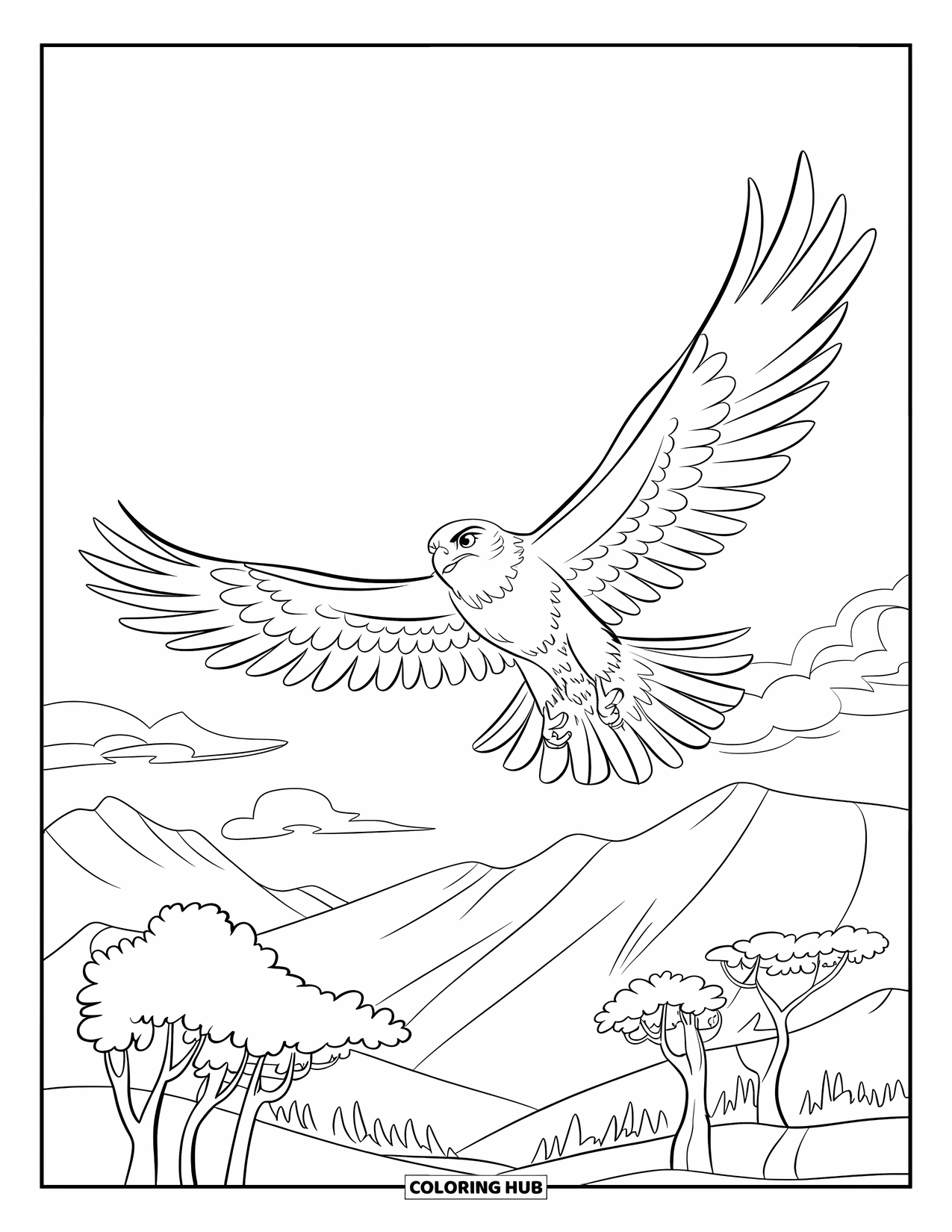 Hawk Coloring Page for Kids: Hawk soaring high above trees and mountains under a clear sky