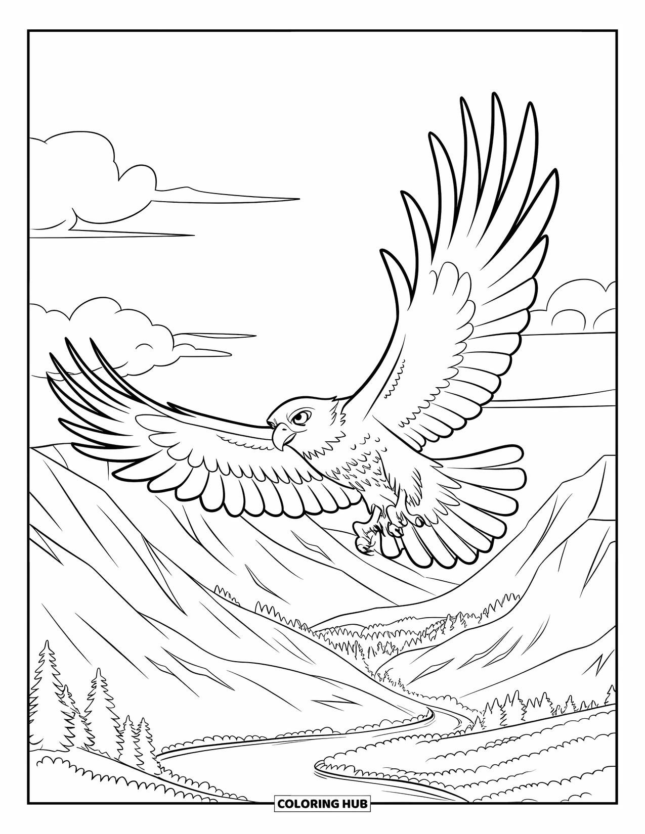 Hawk Coloring Page for Kids: Hawk soars across a lush mountain valley with river and clouds