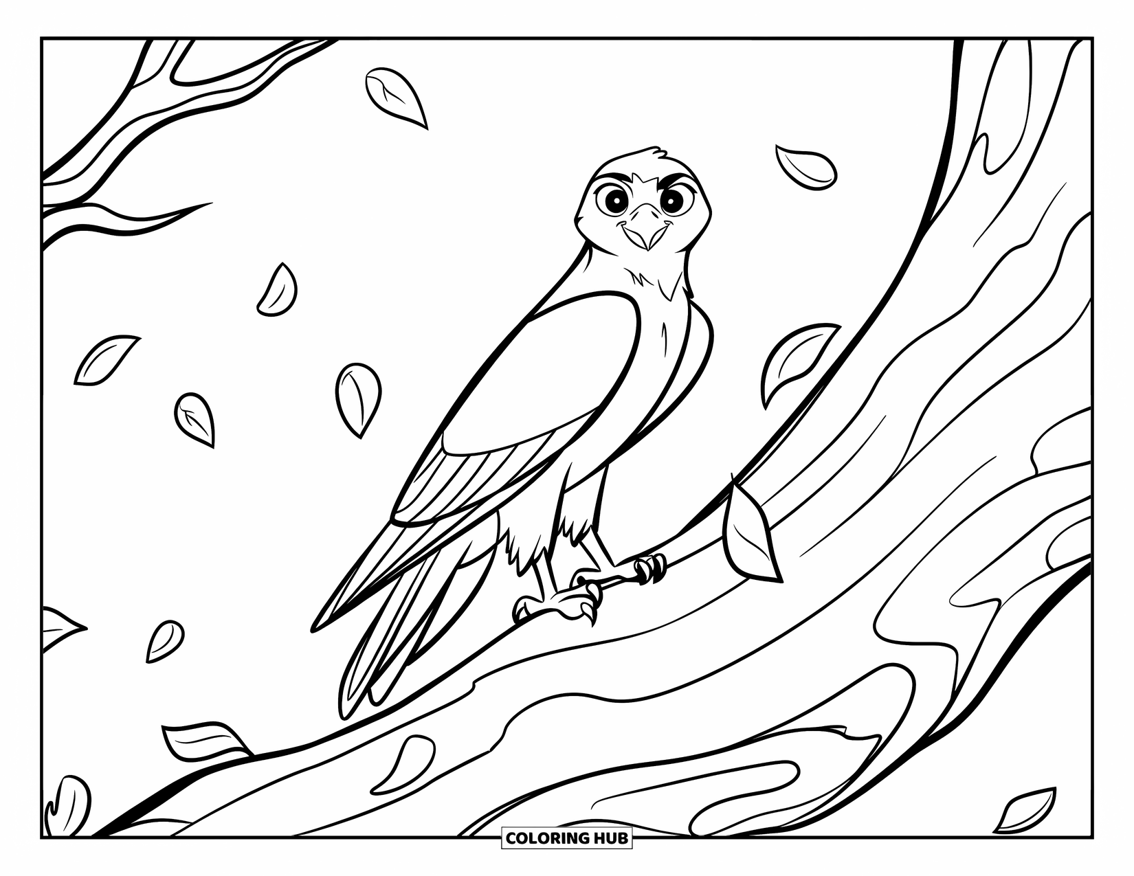 Hawk Coloring Page for Kids: Hawk stands on a thick tree trunk with scattered leaves below