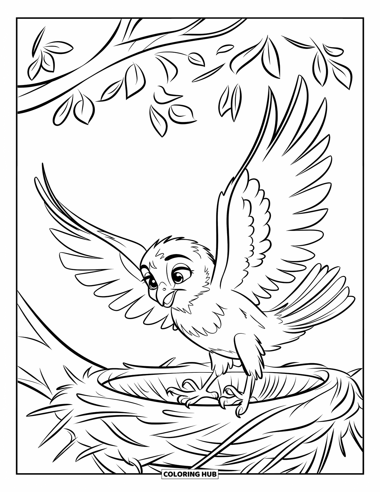 Hawk Coloring Page for Kids: Little hawk flapping its wings beside a tree nest