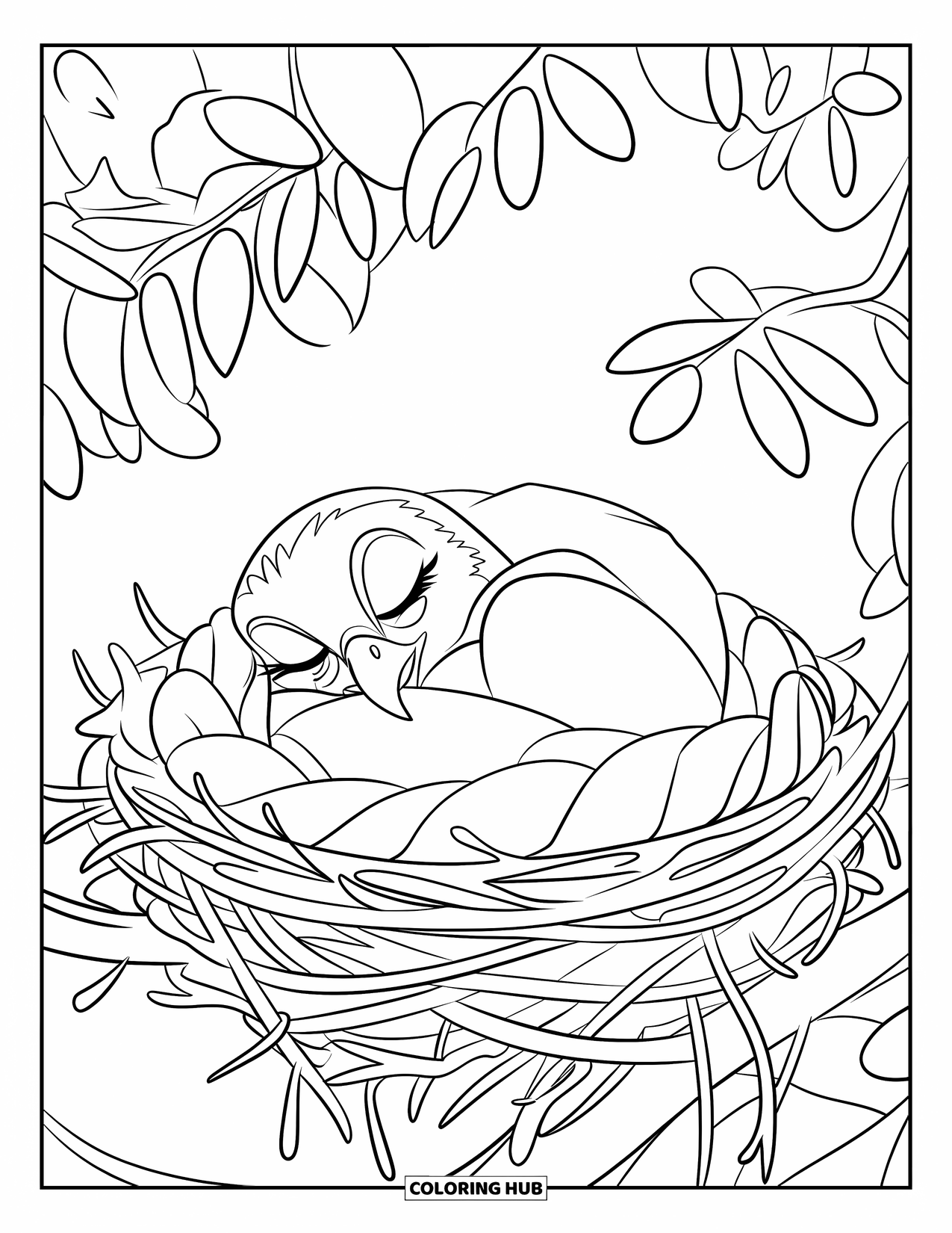 Hawk Coloring Page for Kids: Peaceful hawk napping in a leafy nest high in a tree