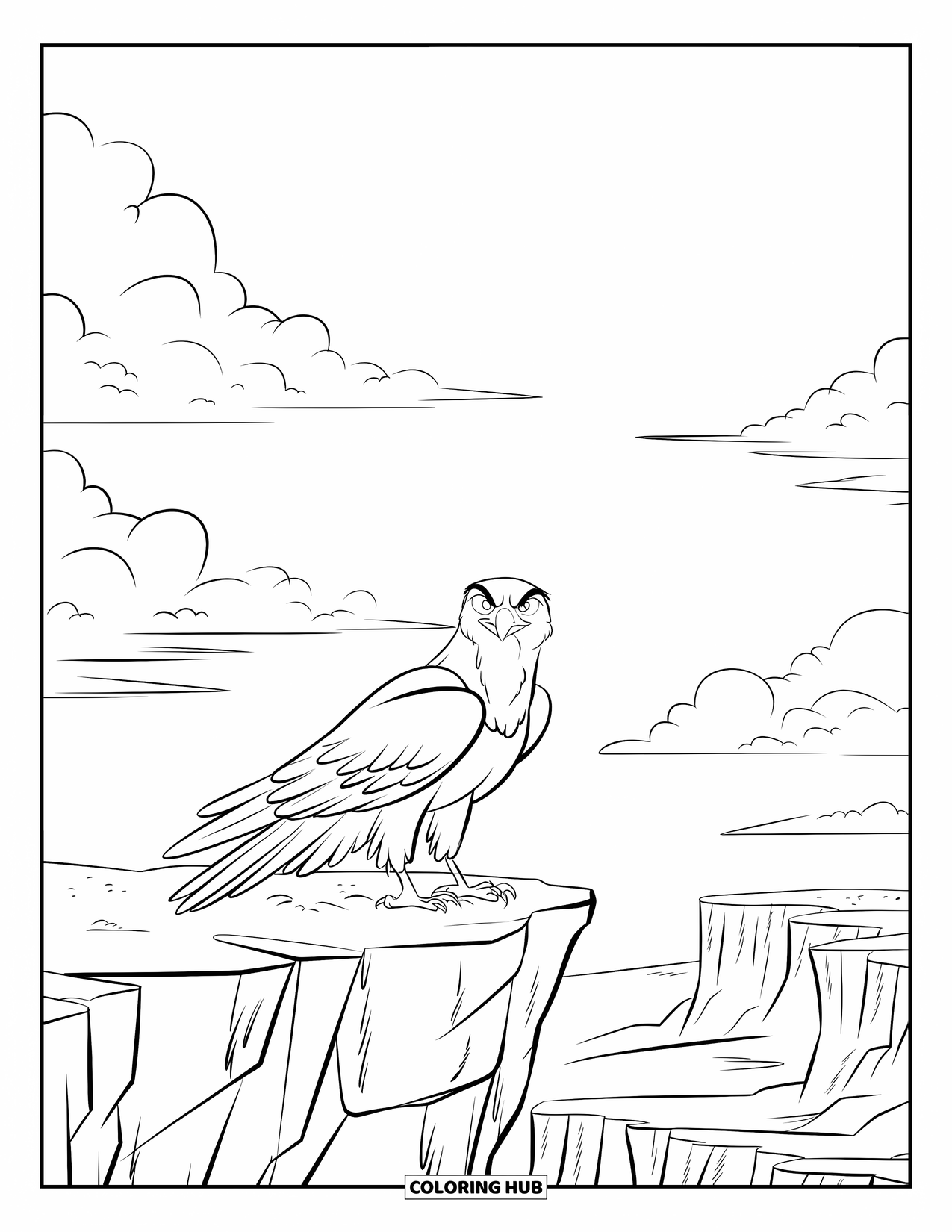 Hawk Coloring Page for Kids: Sharp-eyed hawk sits on a craggy cliff with clouds overhead