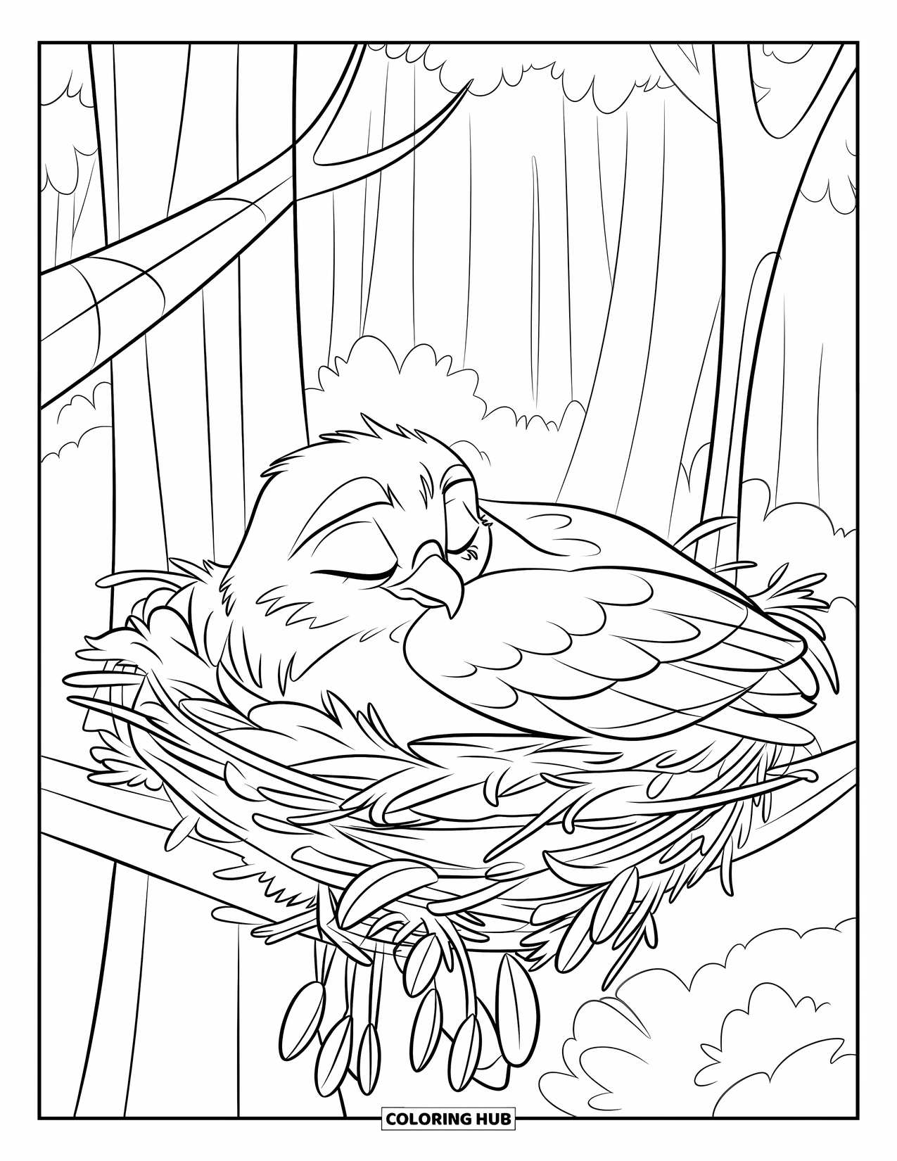 Hawk Coloring Page for Kids: Sleepy hawk snuggled in a leaf blanket inside a nest on a tree