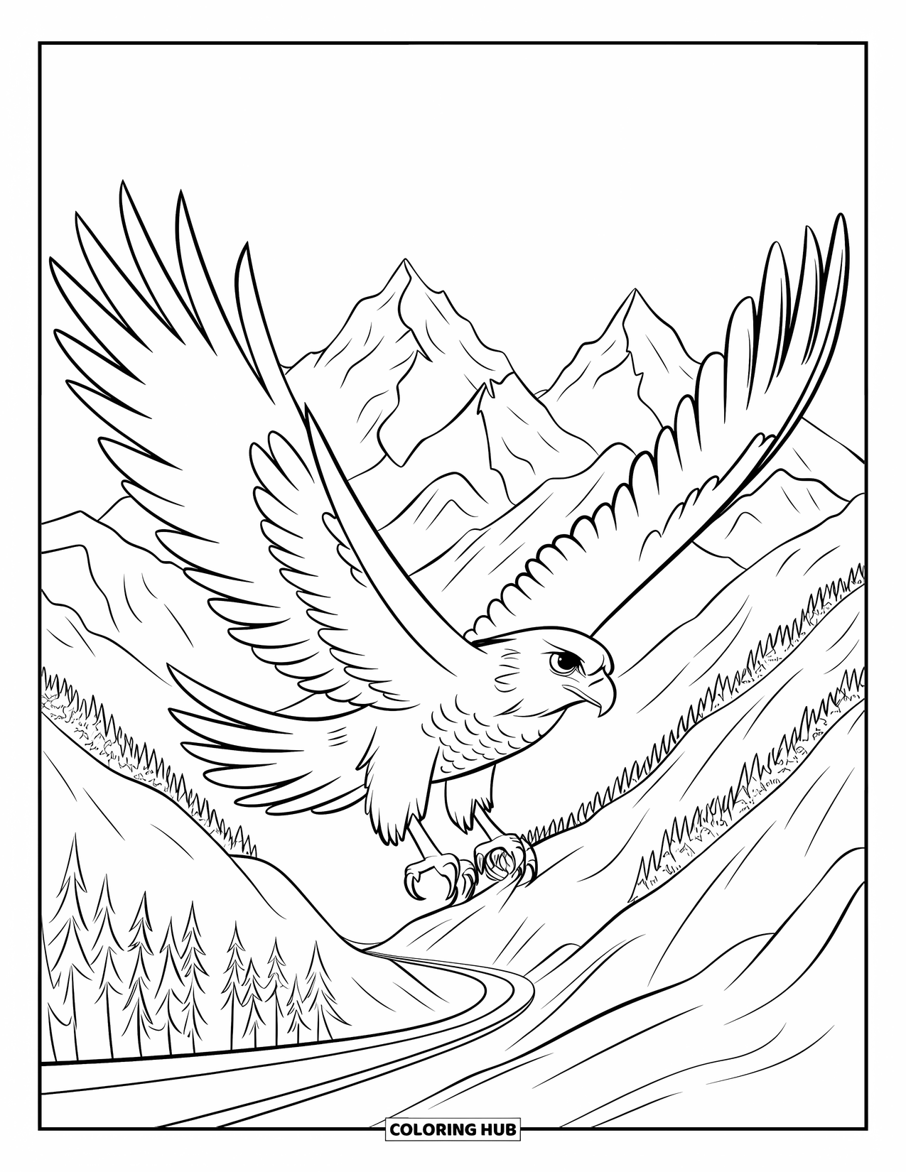 Hawk Coloring Page for Kids: Strong hawk flying above forested mountains and winding paths