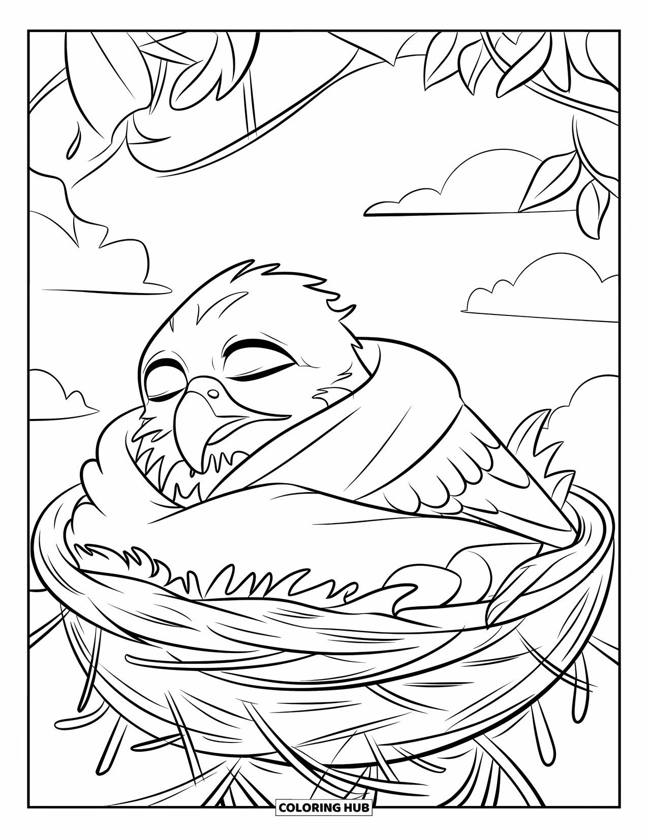 Hawk Coloring Page for Kids: Tired hawk in a cozy leaf blanket rests in a treetop nest