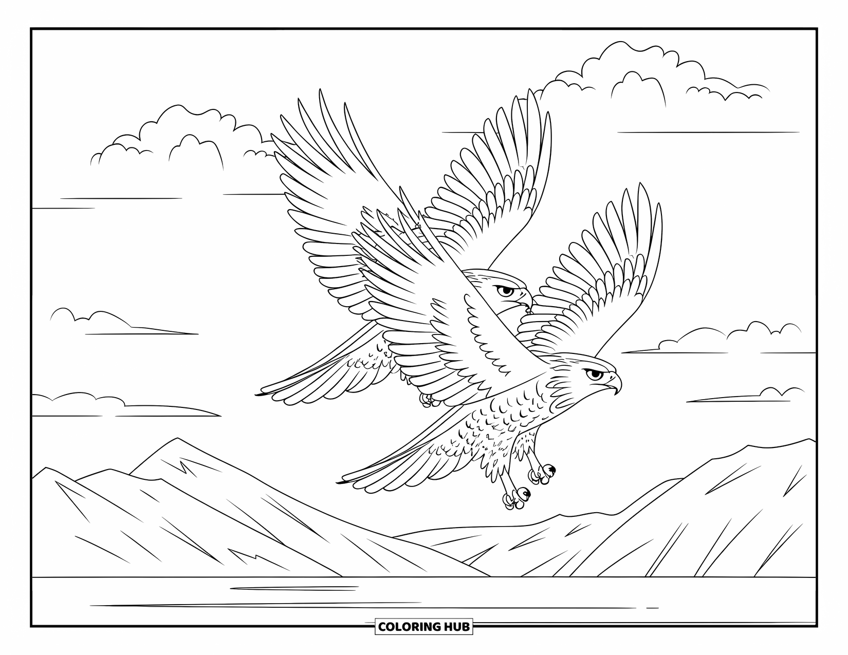 Hawk Coloring Page for Kids: Two hawks fly side by side above snowy peaks and a lake