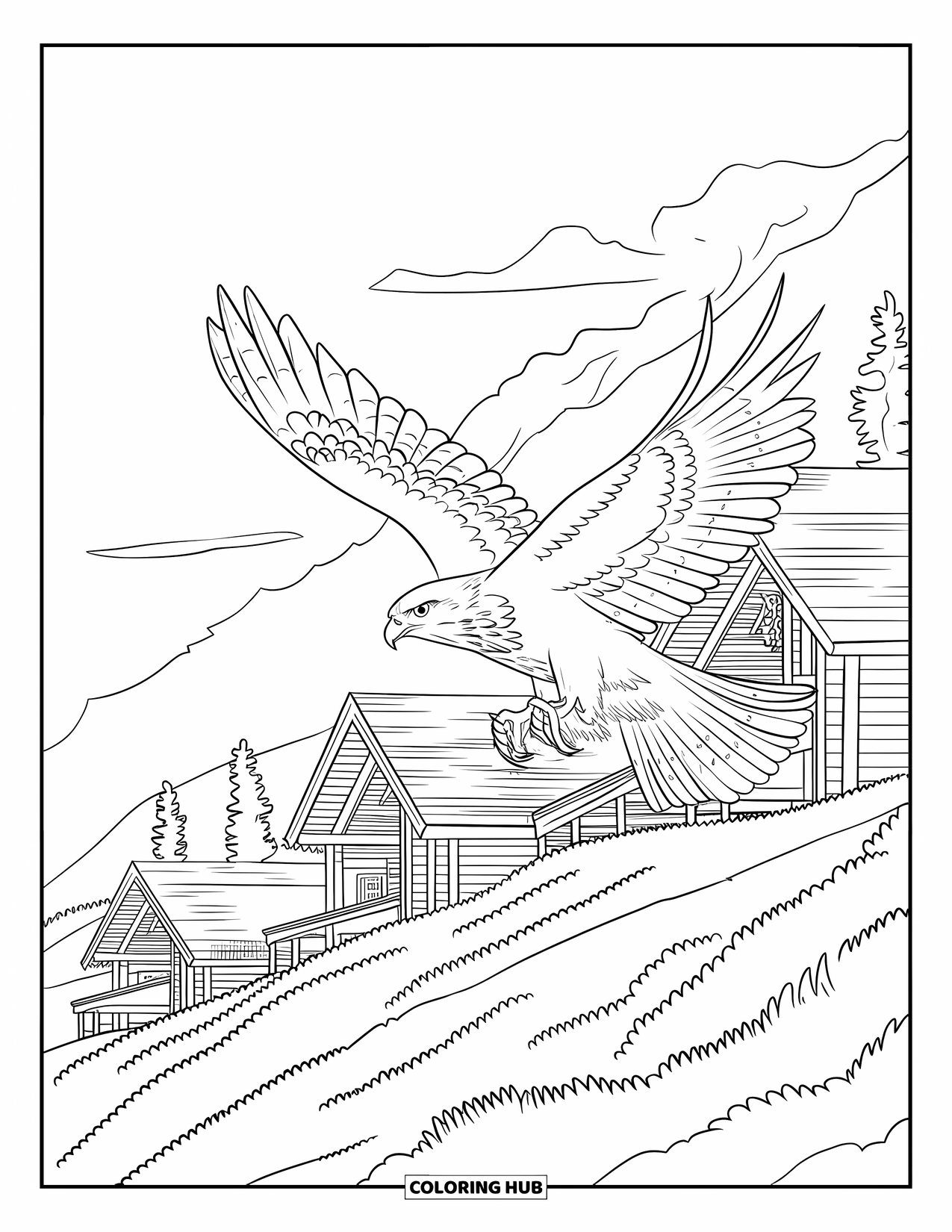 Hawk Coloring Page for Kids: Wide-winged hawk flies over treetops and hillside cabins