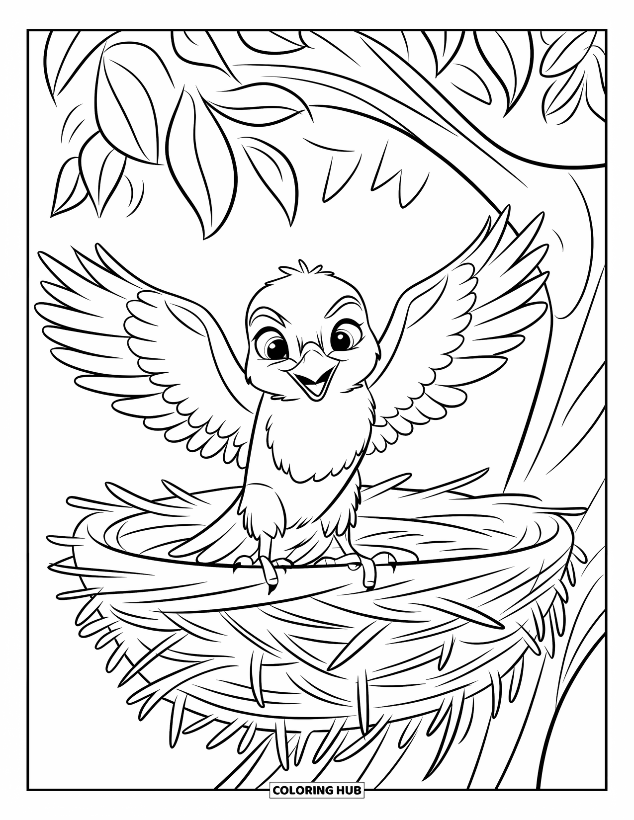 Hawk Coloring Page for Kids: Young hawk spreads its wings on a branch near its nest