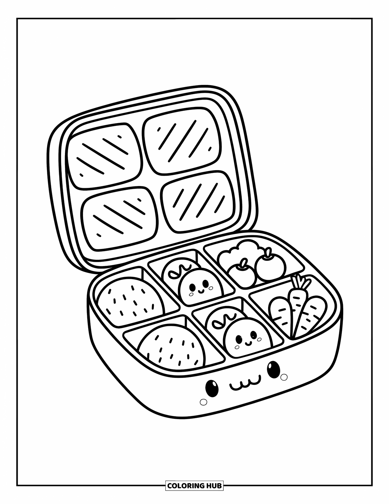 Healthy Food Coloring Page for Adults: Adorable bento with neat food compartments and a cozy hand-drawn feel