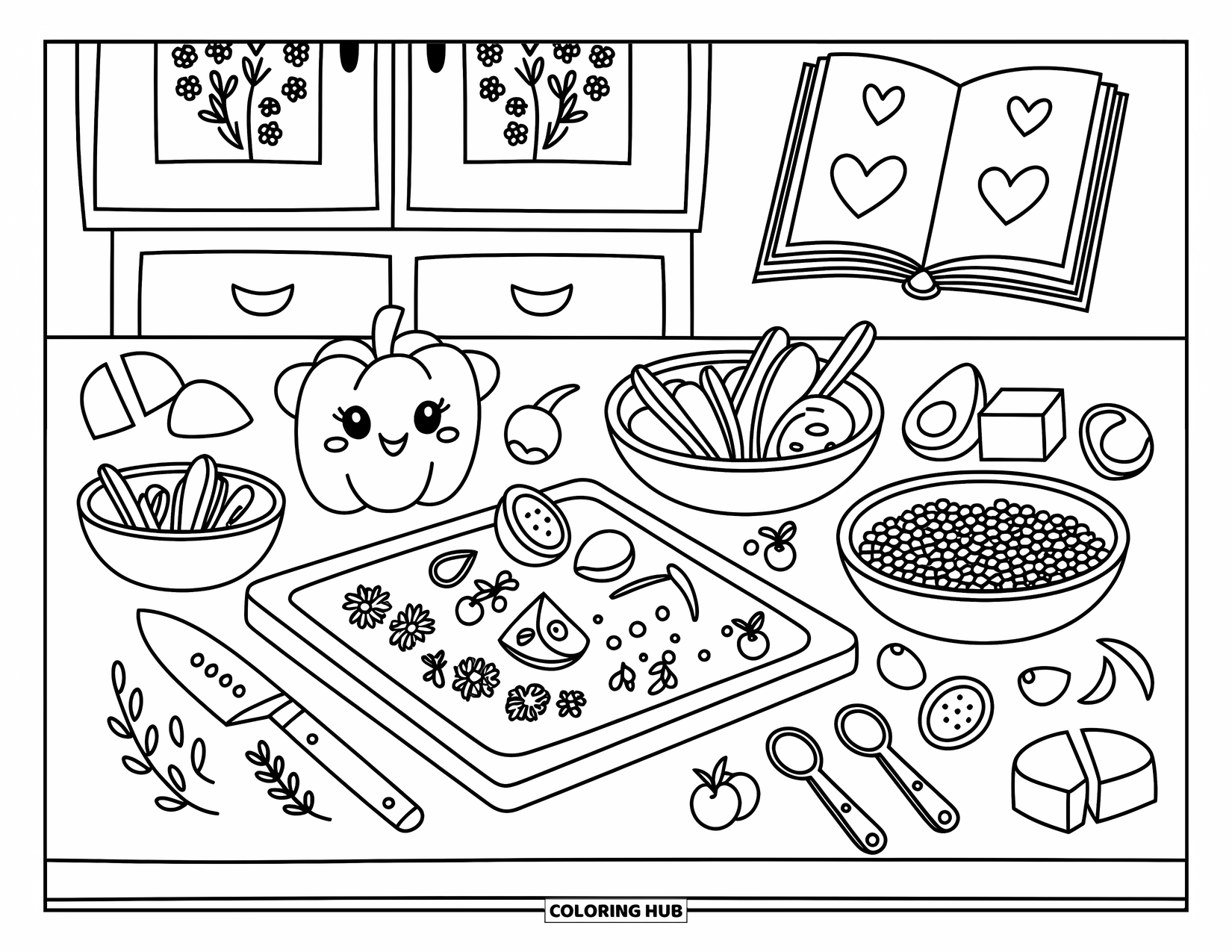 Healthy Food Coloring Page for Adults: Adorable kitchen setup with a cutting board, veggie bowls, and a sweet recipe book