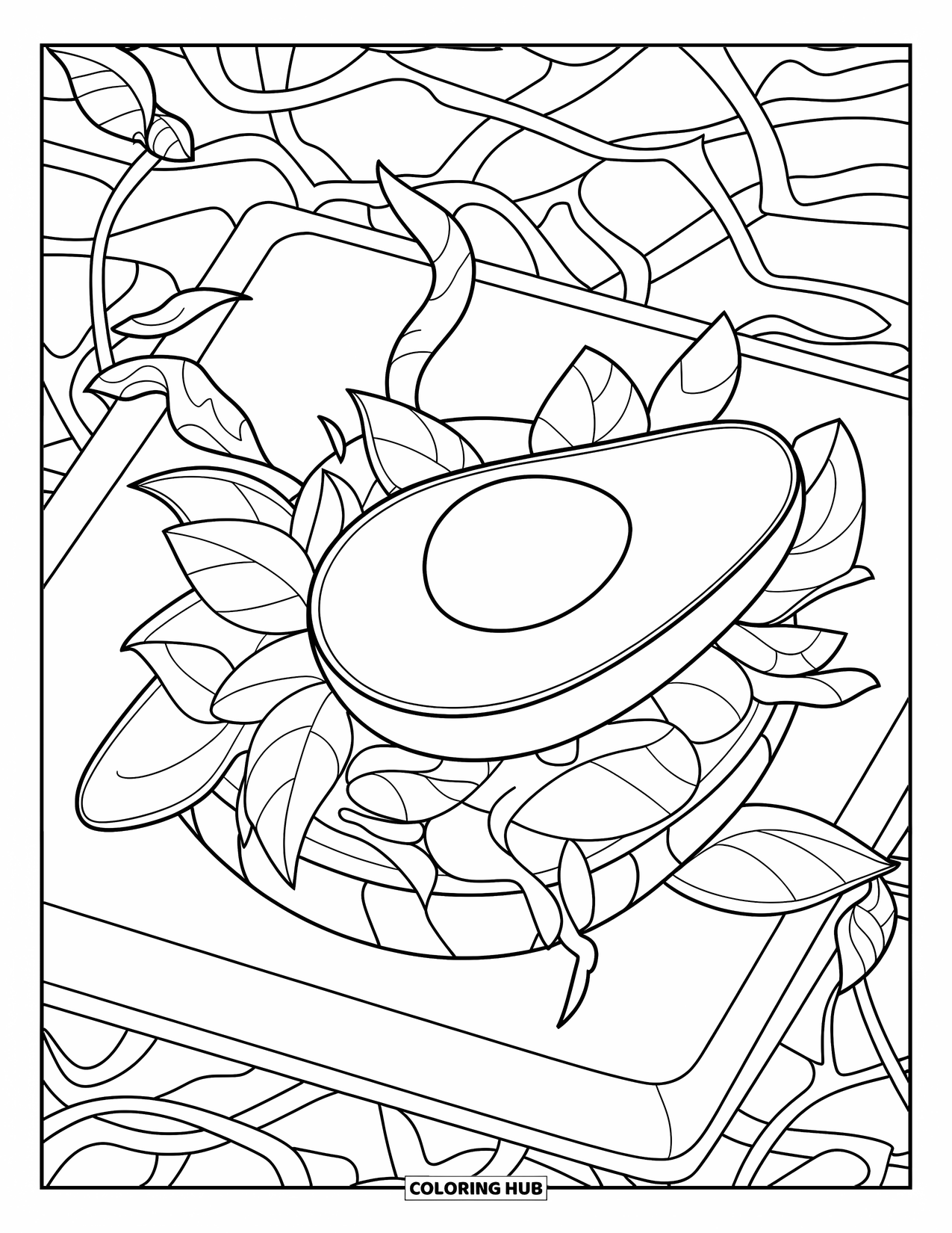 Healthy Food Coloring Page for Adults: Avocado toast on a board framed with swirling leafy vines