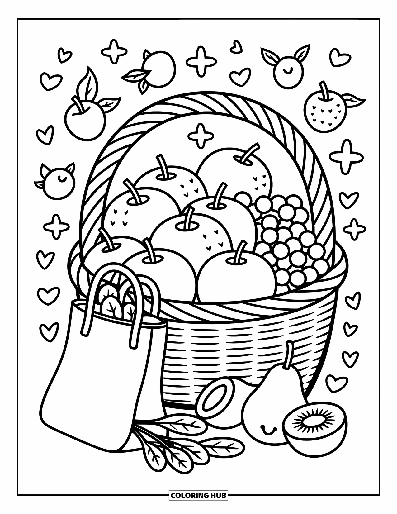Healthy Food Coloring Page for Adults: Basket of mixed fruit with a pear and spinach peeking from a tote