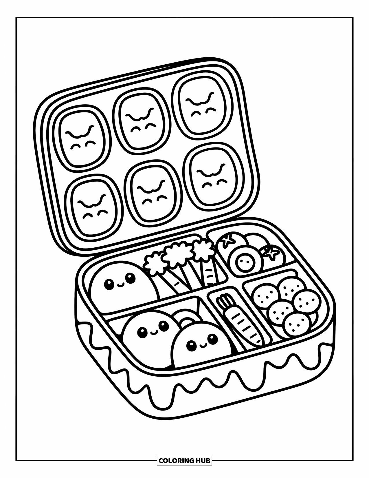 Healthy Food Coloring Page for Adults: Bento box filled with kawaii-style veggies, rice balls, and cheerful shapes