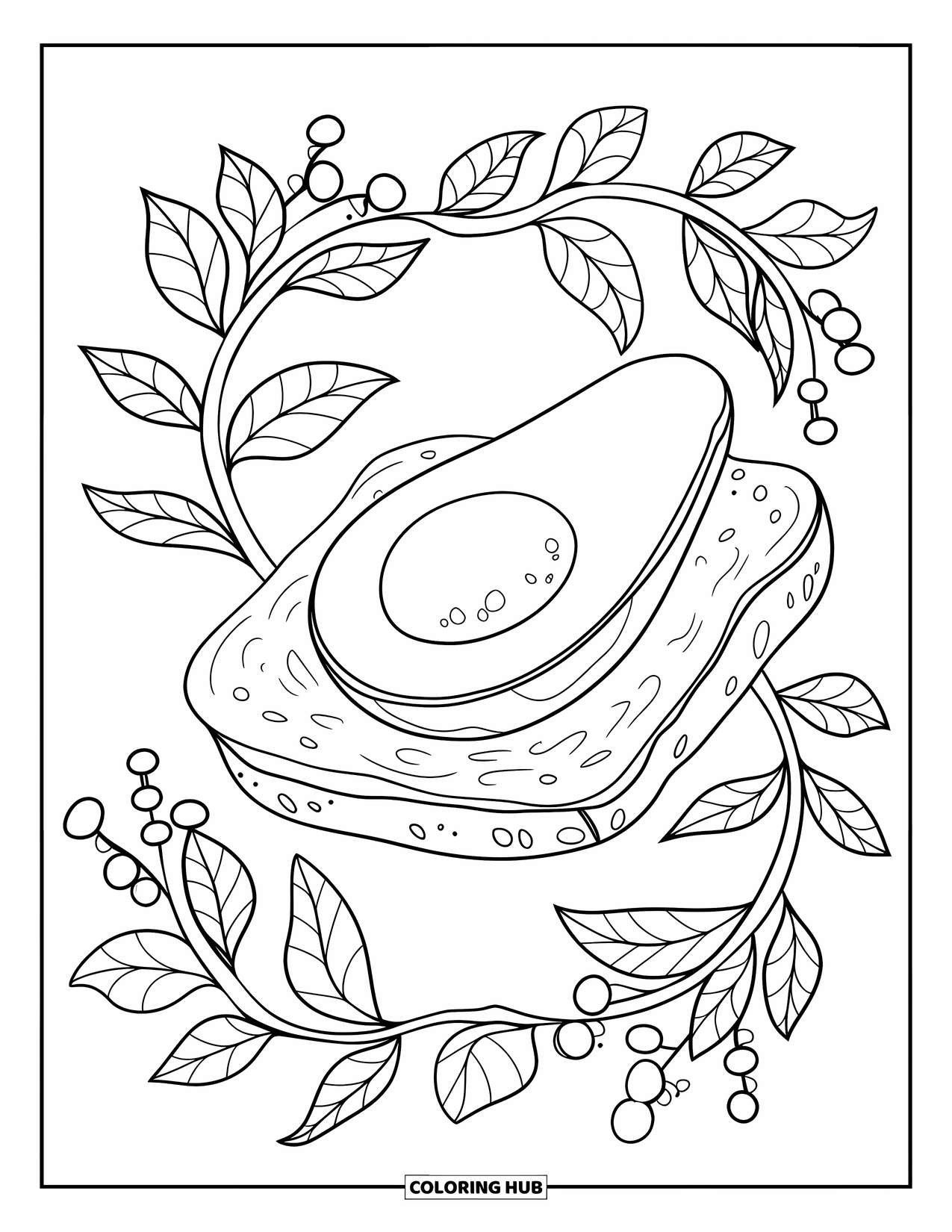 Healthy Food Coloring Page for Adults: Buttered avocado toast with leafy vines and little red berries