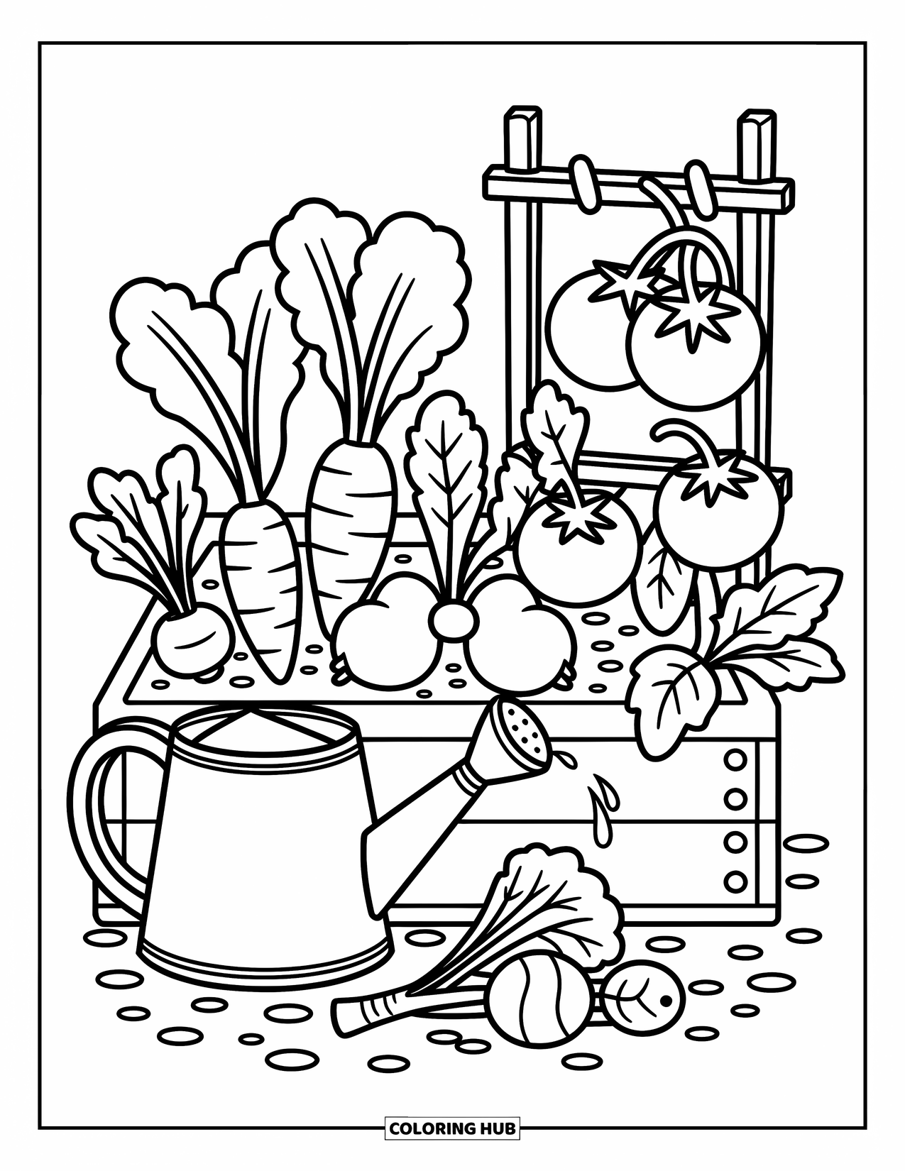 Healthy Food Coloring Page for Adults: Cheerful garden scene with veggies and a watering can dripping onto a tomato plant