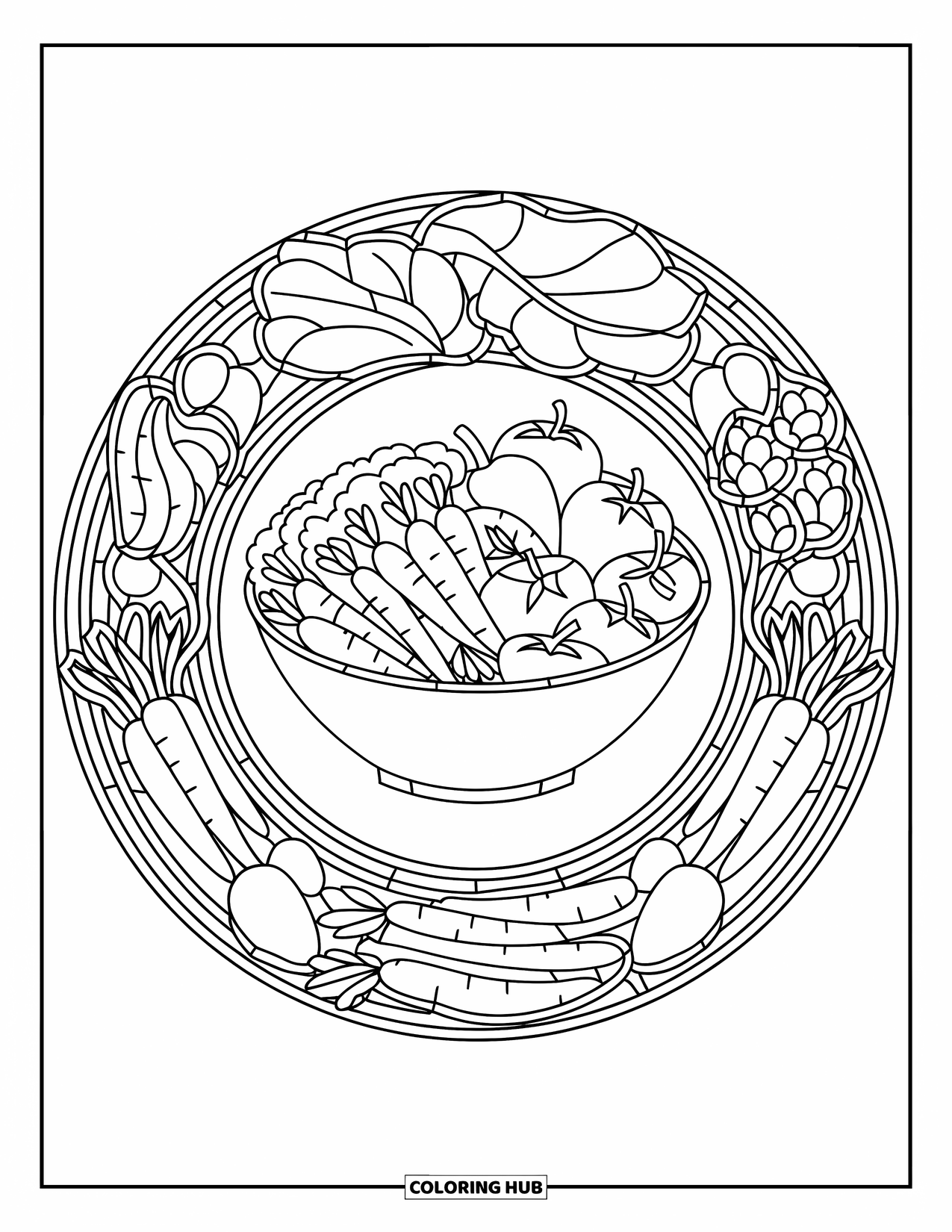 Healthy Food Coloring Page for Adults: Colorful veggie salad surrounded by stained glass vegetable designs
