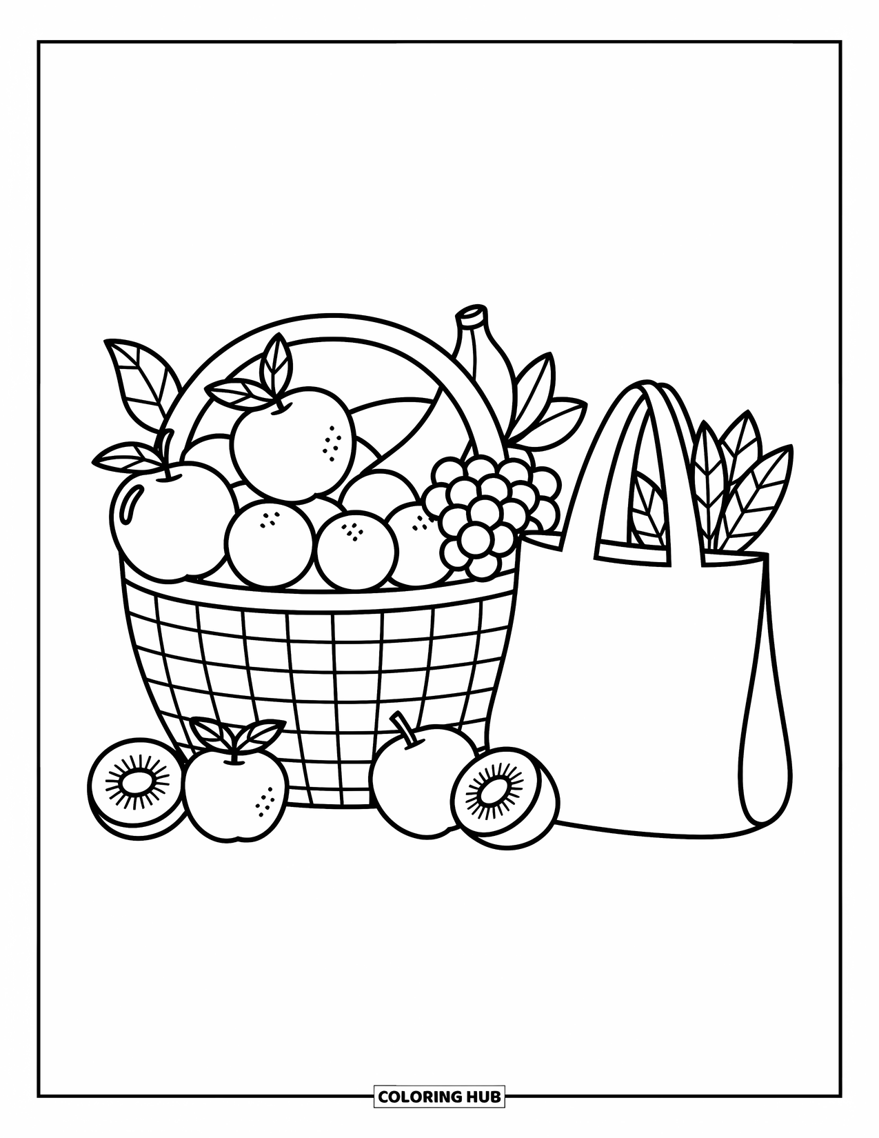 Healthy Food Coloring Page for Adults: Cozy fruit basket with apples, kiwi, and a tote bag tipping with veggies
