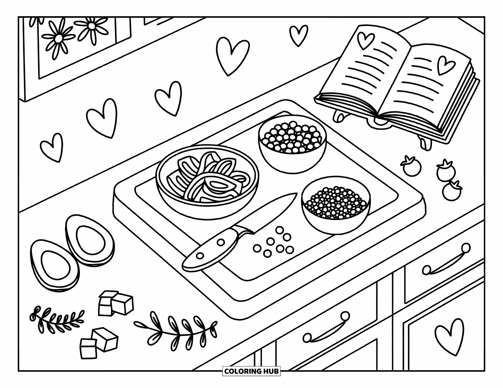 Healthy Food Coloring Page for Adults: Cute counter scene with veggie bowls, herbs, and a floating-heart recipe book