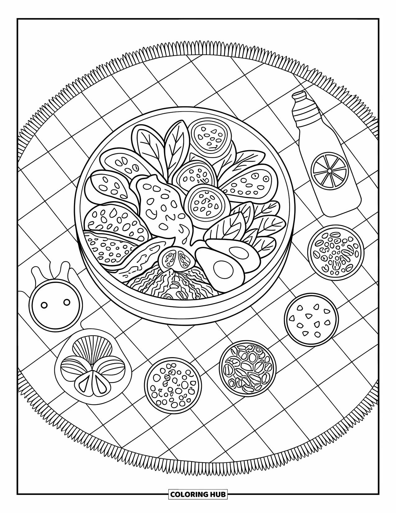 Healthy Food Coloring Page for Adults: Gingham picnic blanket with a big salad bowl and small bowls of toppings