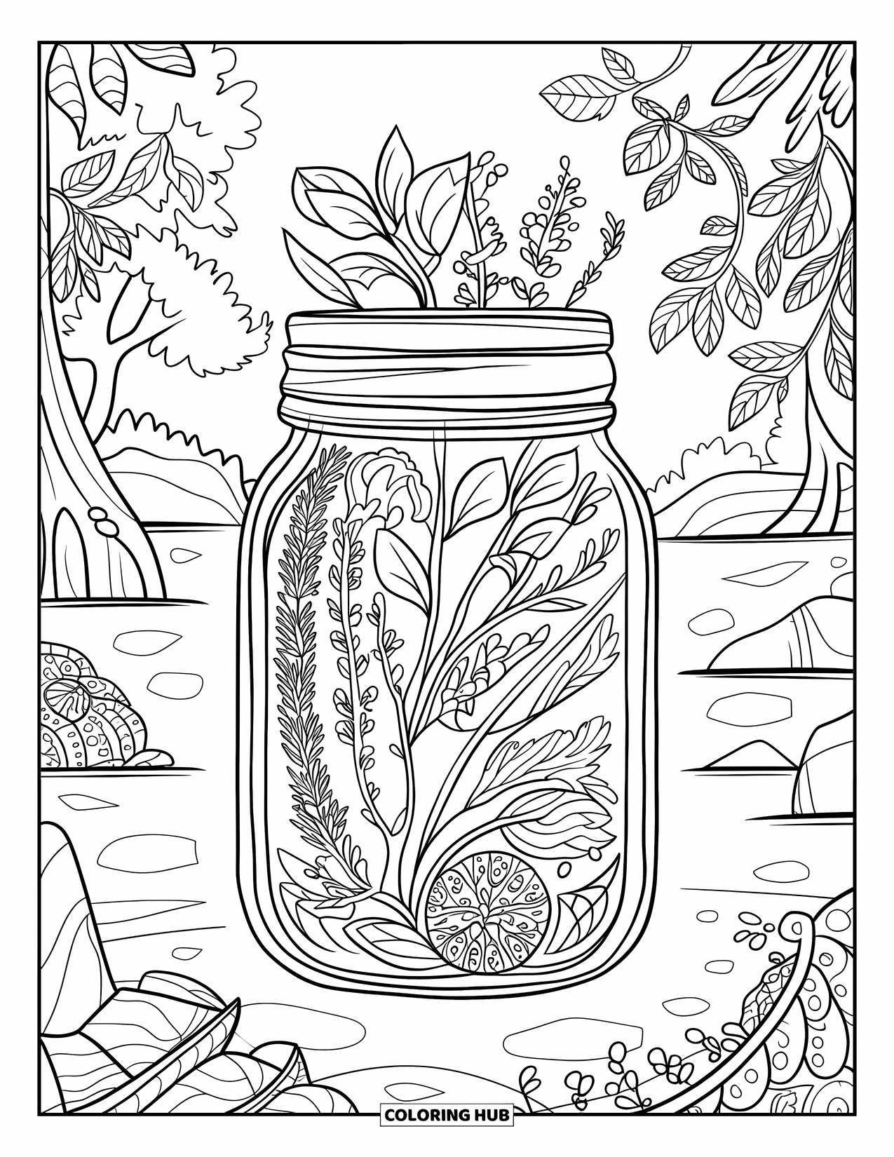 Healthy Food Coloring Page for Adults: Infused water jar surrounded by herbs and vines in a natural scene
