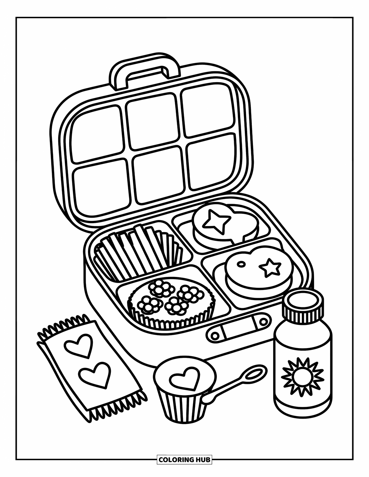 Healthy Food Coloring Page for Adults: Lunchbox with snacks, spoon, and a heart-print napkin beside a juice bottle