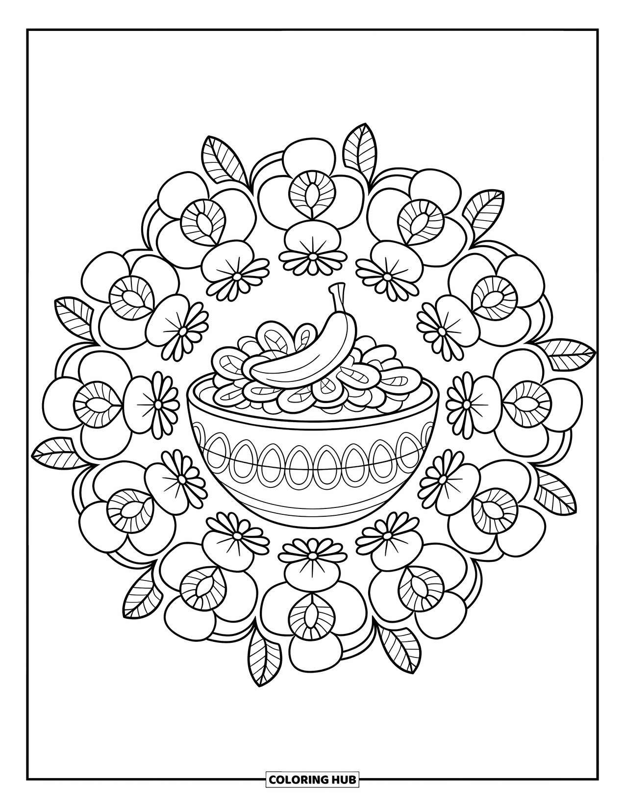 Healthy Food Coloring Page for Adults: Oatmeal with banana and nuts in the middle of a leafy mandala