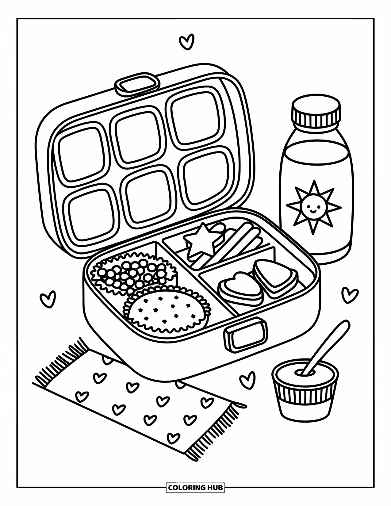 Healthy Food Coloring Page for Adults: Open lunchbox filled with veggie sticks, fruit, and star-shaped sandwiches