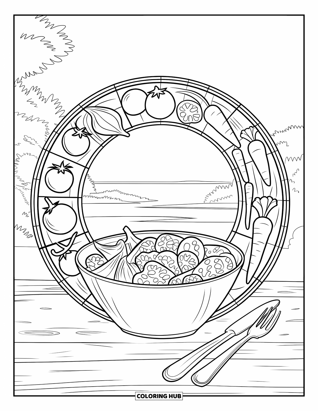 Healthy Food Coloring Page for Adults: Salad bowl with stained glass veggies on a table in nature