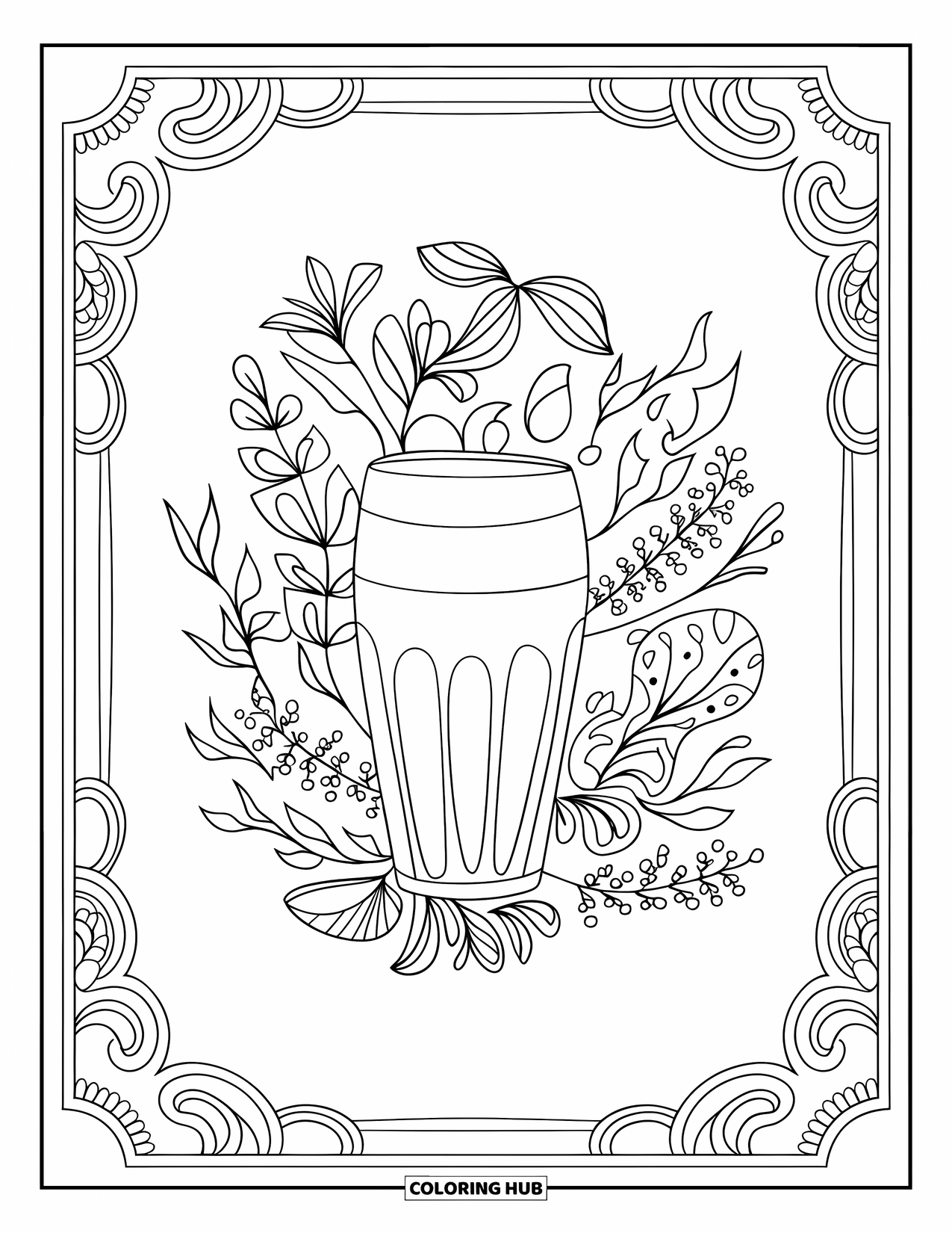 Healthy Food Coloring Page for Adults: Smoothie glass wrapped in floral patterns and leafy flourishes