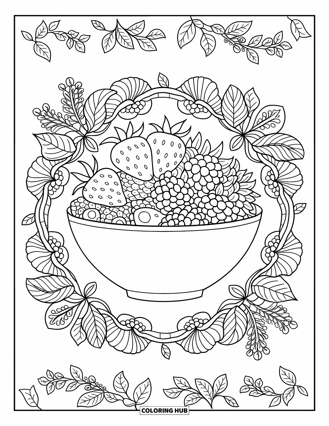 Healthy Food Coloring Page for Adults: Strawberries and raspberries in a bowl wrapped in leafy mandala art