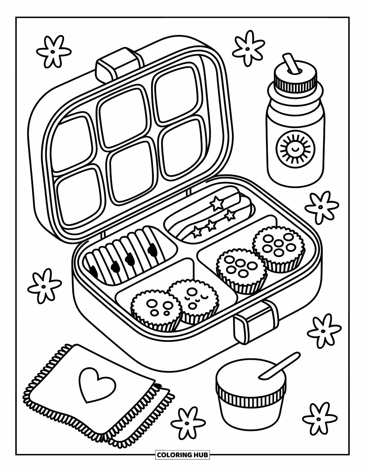Healthy Food Coloring Page for Adults: Whimsical lunchbox with berries, yogurt, star sandwiches, and cozy extras