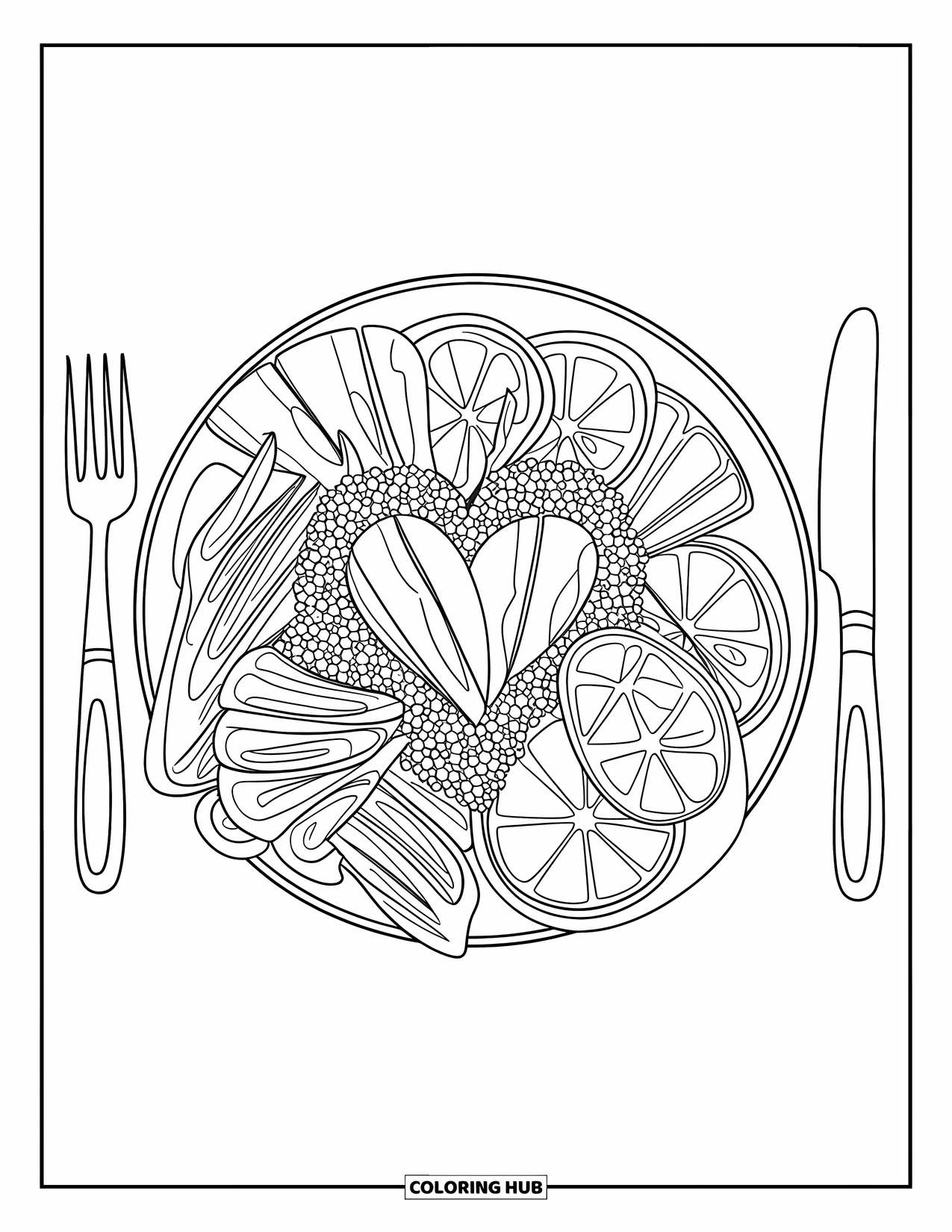 Healthy Food Coloring Page for Kids: A heart-shaped mix of quinoa and veggies with citrus slices