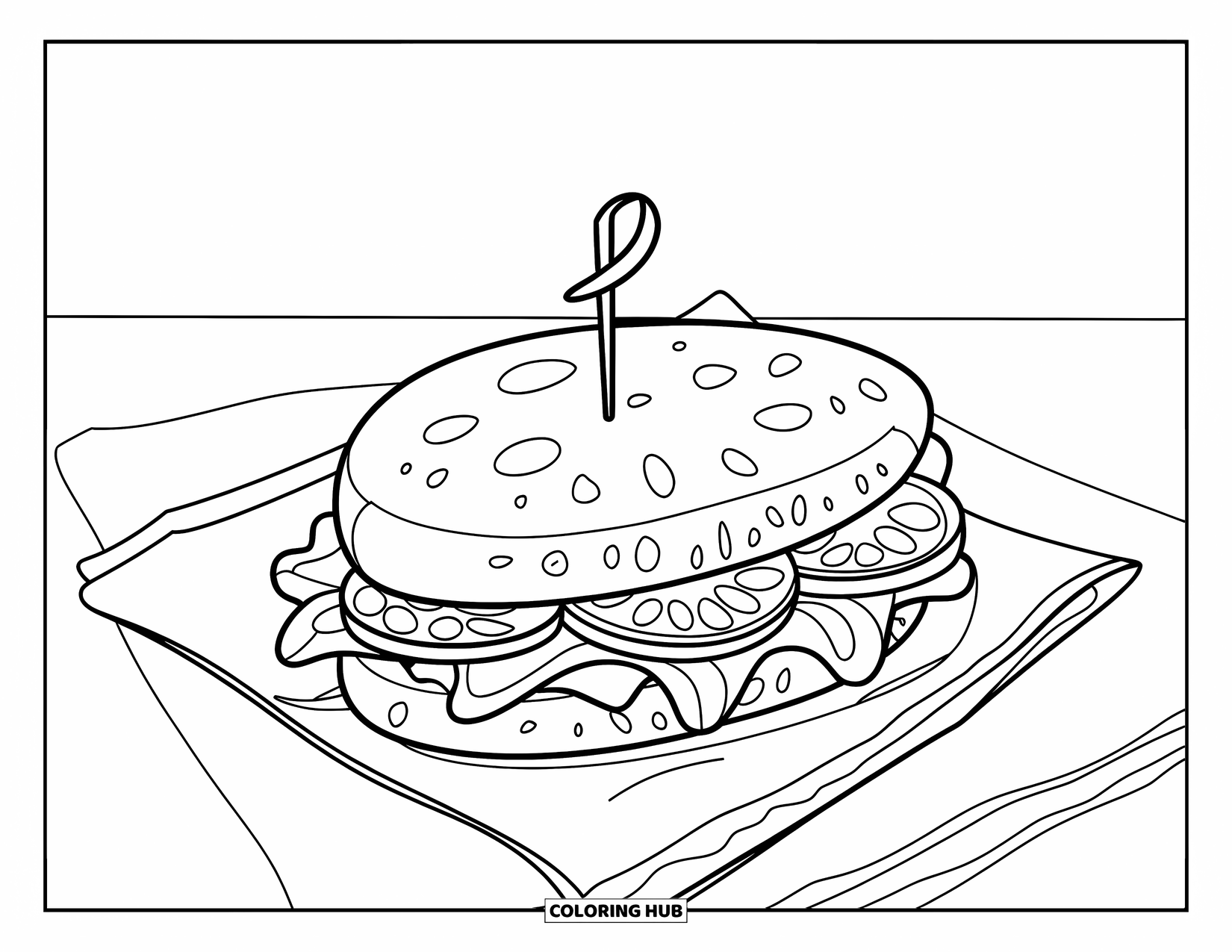 Healthy Food Coloring Page for Kids: A sandwich held by a toothpick, resting on a napkin to the left