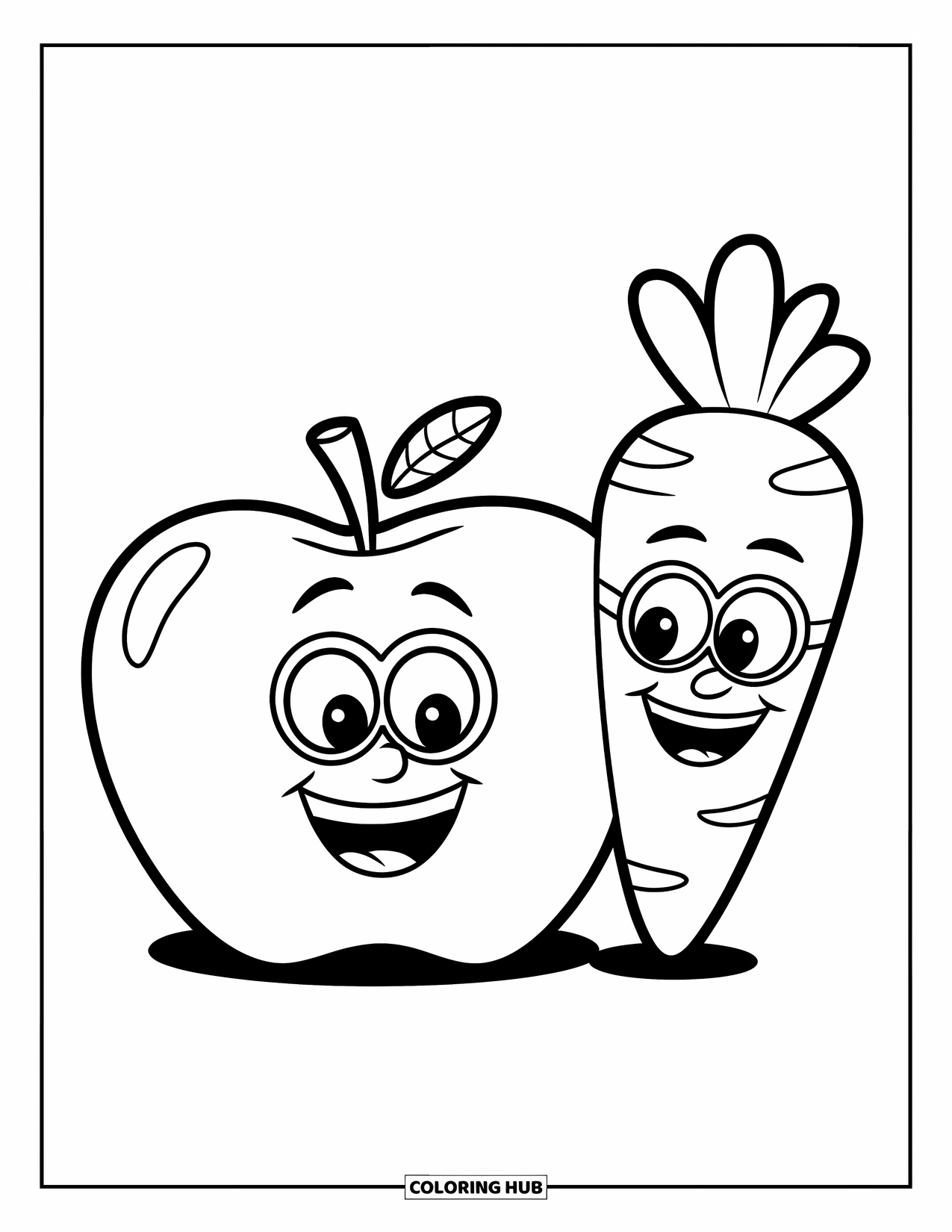 Healthy Food Coloring Page for Kids: Apple with glasses and a grinning carrot sitting side by side