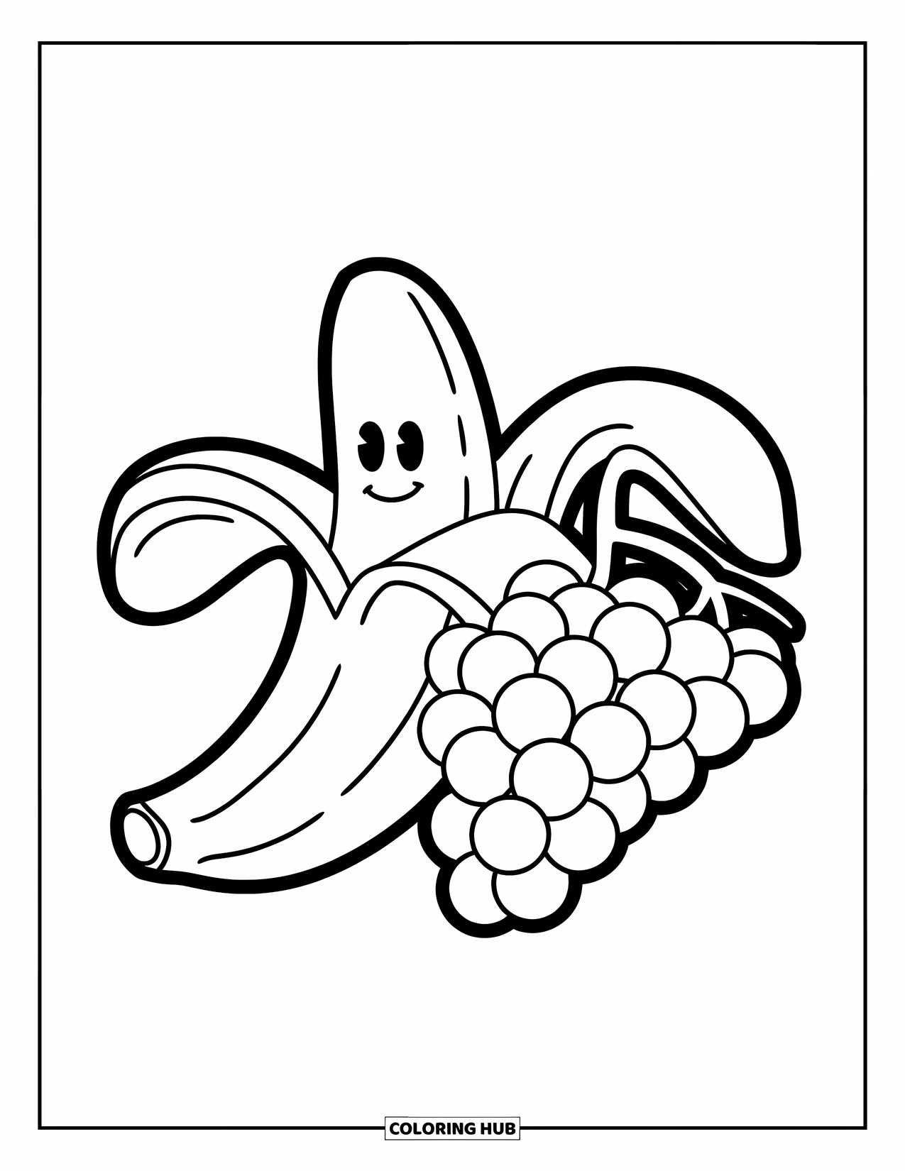 Healthy Food Coloring Page for Kids: Banana with a smiley face and grapes in a fun, simple design