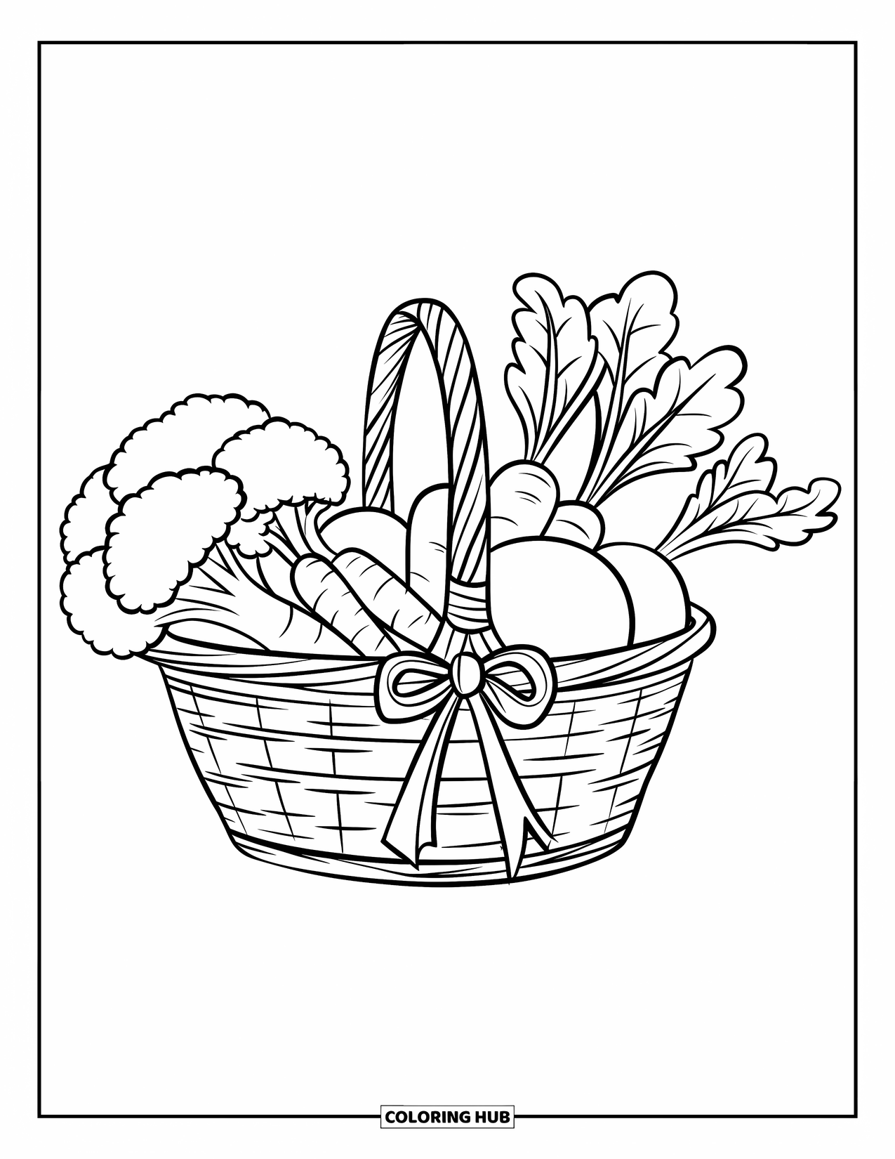 Healthy Food Coloring Page for Kids: Basket filled with broccoli, carrots, and beets tied with a ribbon