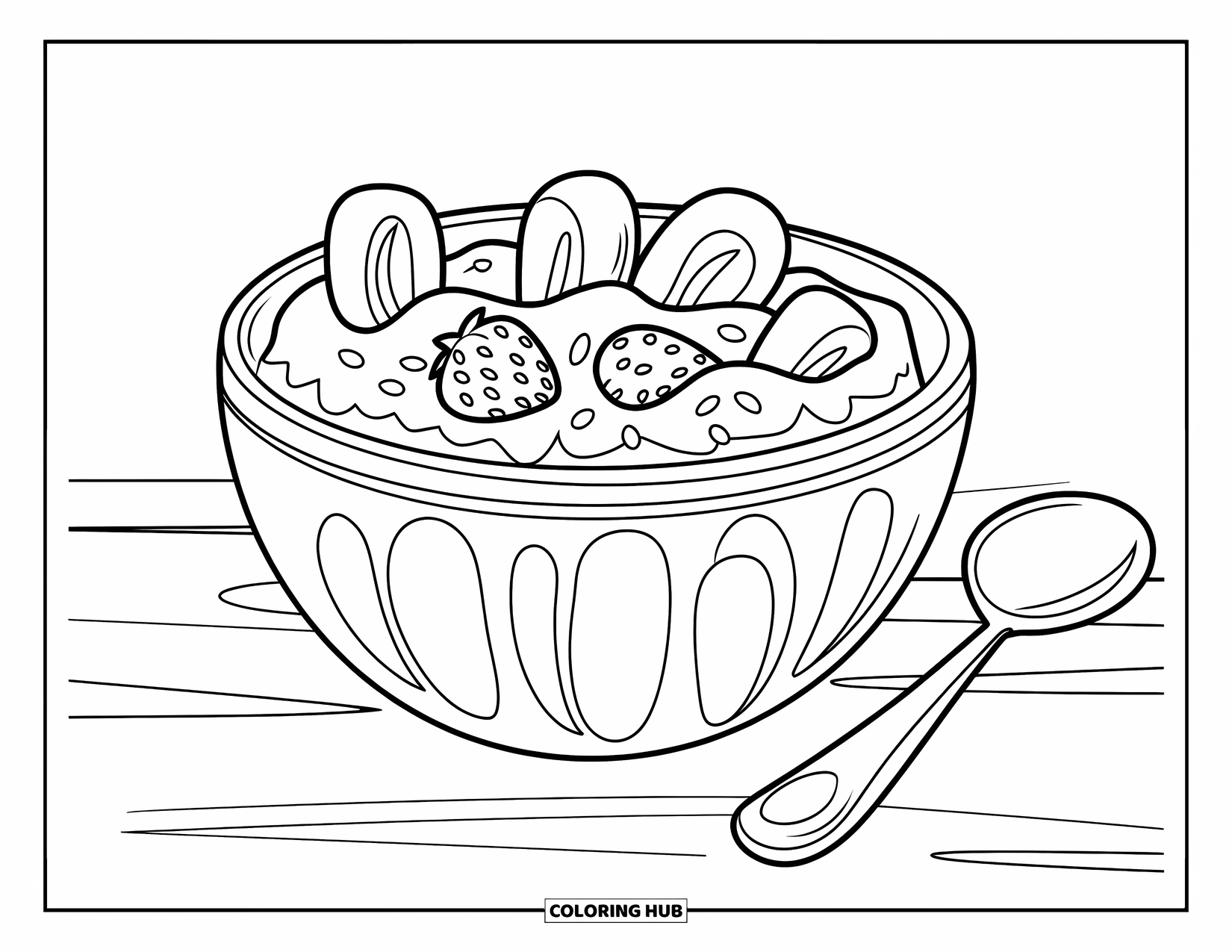 Healthy Food Coloring Page for Kids: Bowl of oatmeal topped with fruits on a wooden table