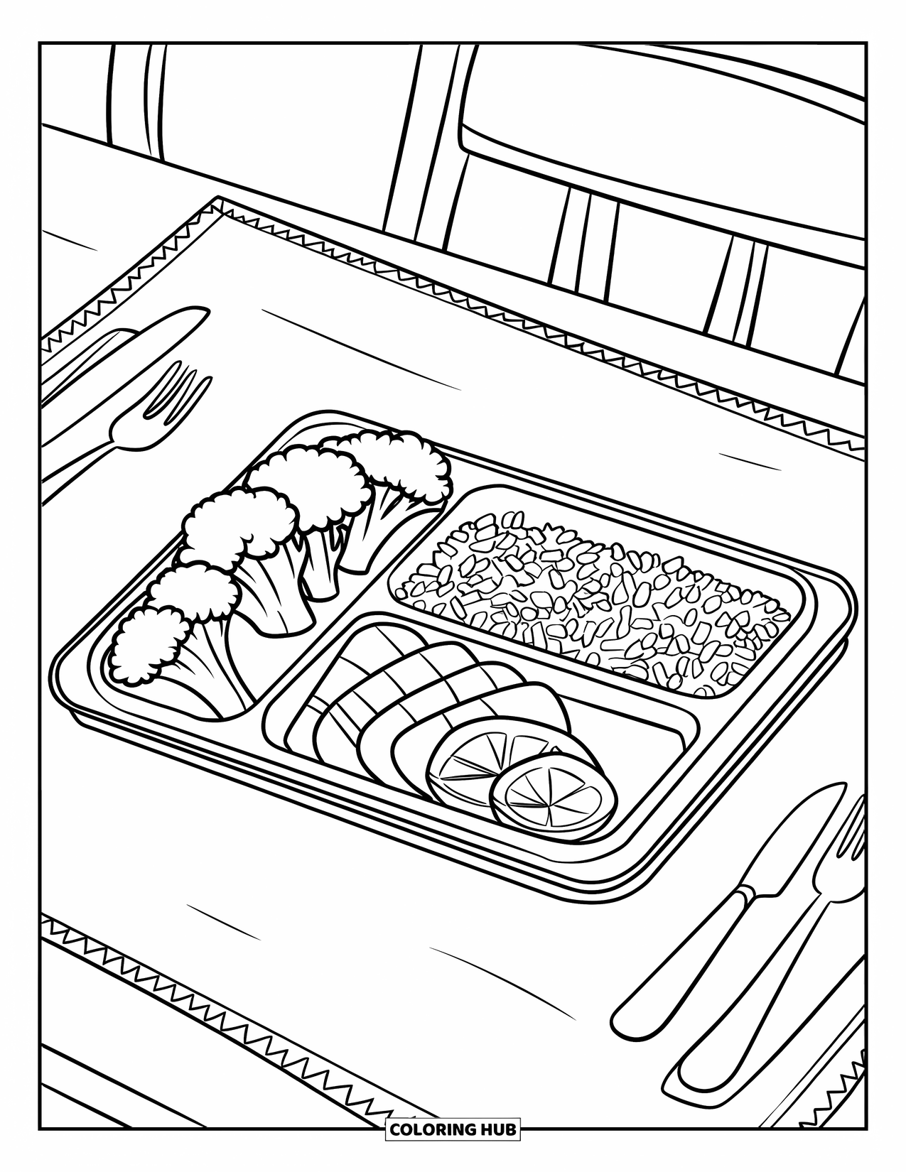 Healthy Food Coloring Page for Kids: Broccoli, chicken, rice, and orange slices neatly placed on a tray