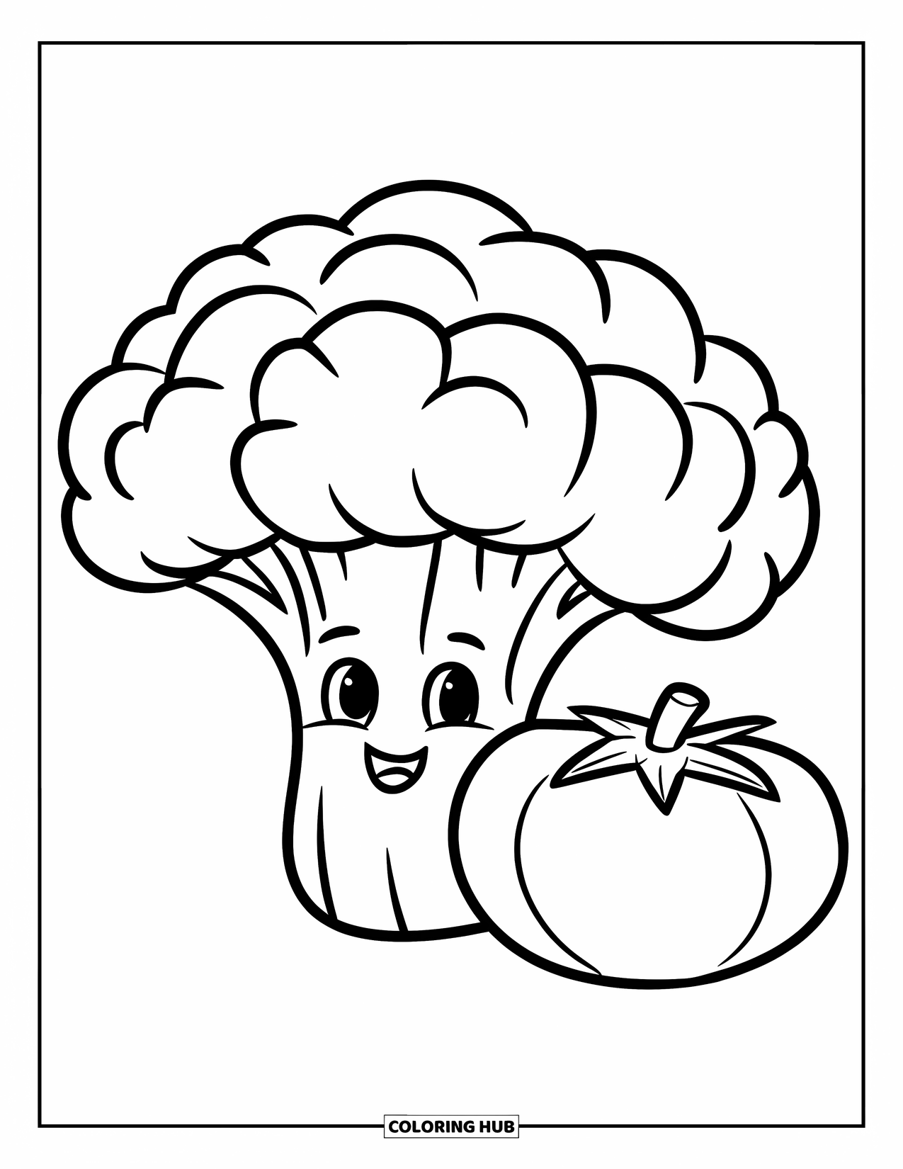 Healthy Food Coloring Page for Kids: Cheerful broccoli with puffed florets beside a cute tomato