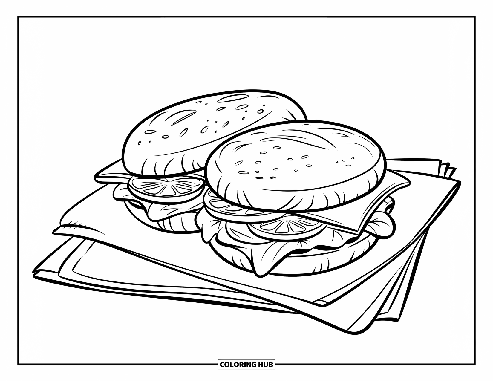 Healthy Food Coloring Page for Kids: Cut-in-half sandwich with tomato and spinach, sitting neatly on a napkin