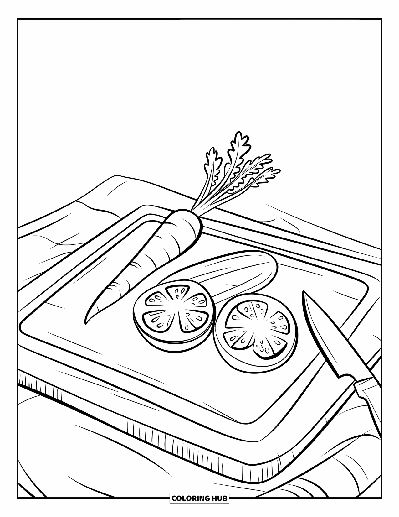 Healthy Food Coloring Page for Kids: Cutting board on a cloth with veggies and a knife