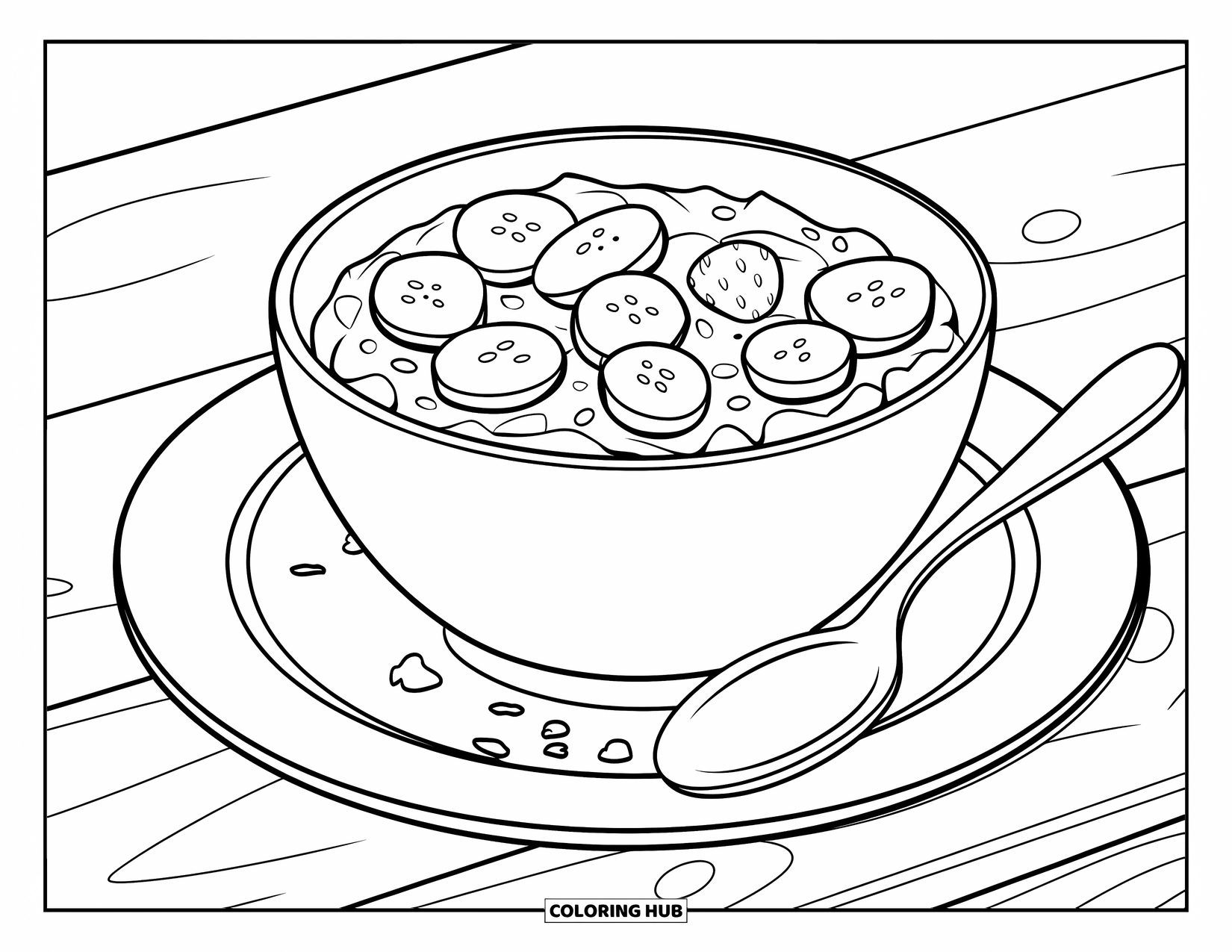 Healthy Food Coloring Page for Kids: Fruit-topped oatmeal bowl on a plate with some crumbs