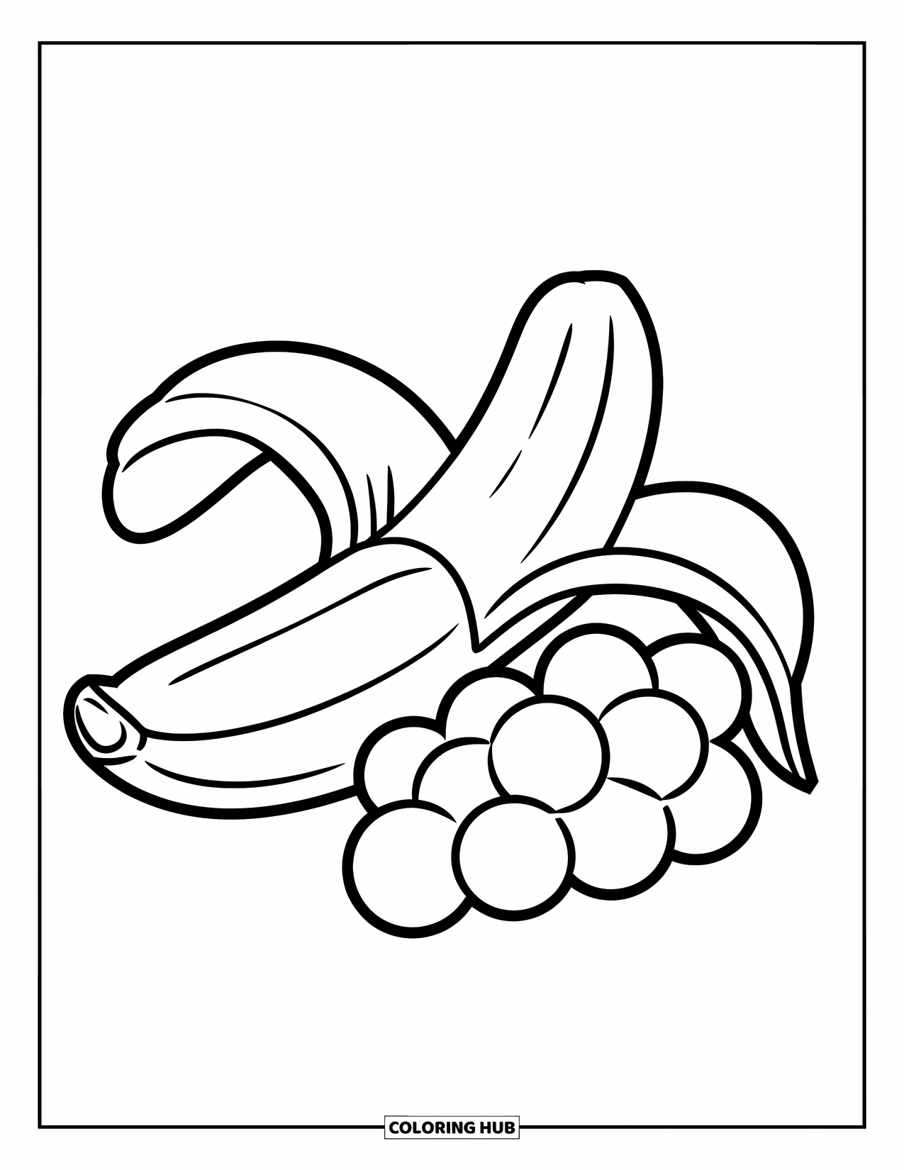 Healthy Food Coloring Page for Kids: Half-peeled banana and a bunch of grapes with bold outlines