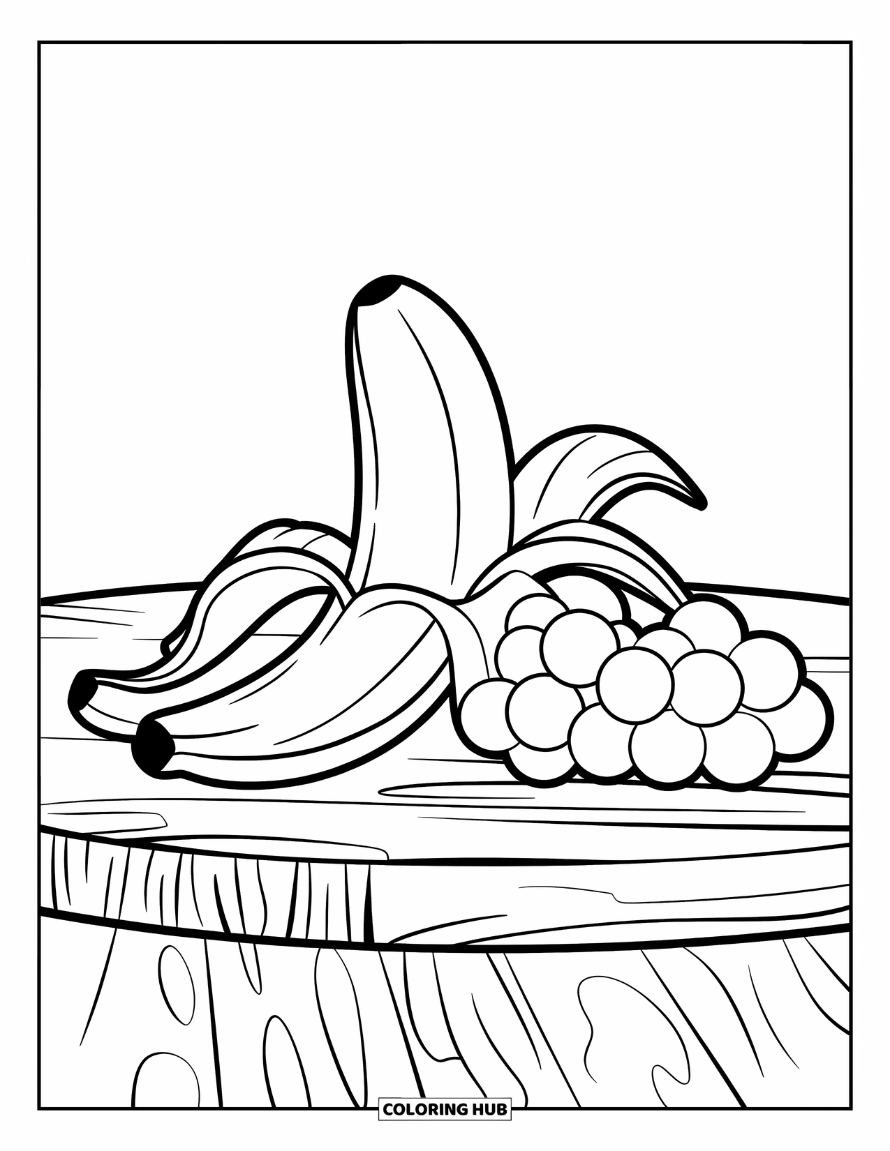 Healthy Food Coloring Page for Kids: Half-peeled banana and grapes resting on a wooden board