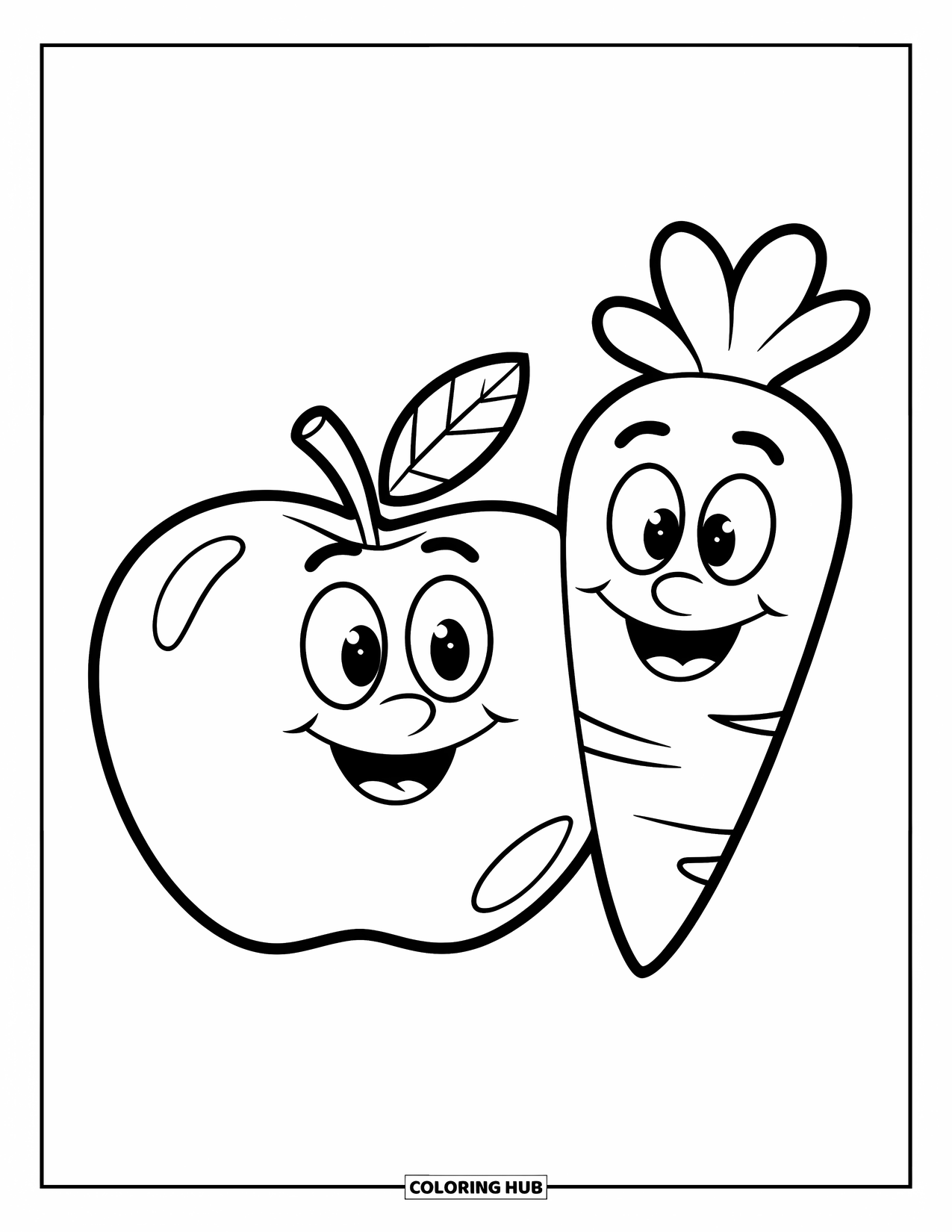 Healthy Food Coloring Page for Kids: Happy apple and carrot sitting together with cheerful expressions