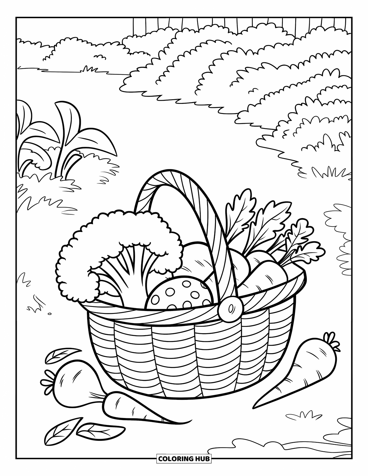 Healthy Food Coloring Page for Kids: Harvest basket on the ground surrounded by veggies and flowers