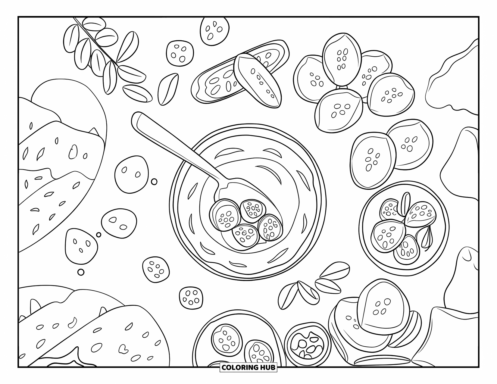 Healthy Food Coloring Page for Kids: Hummus bowl in the center with veggies, olives, and pita chips around it